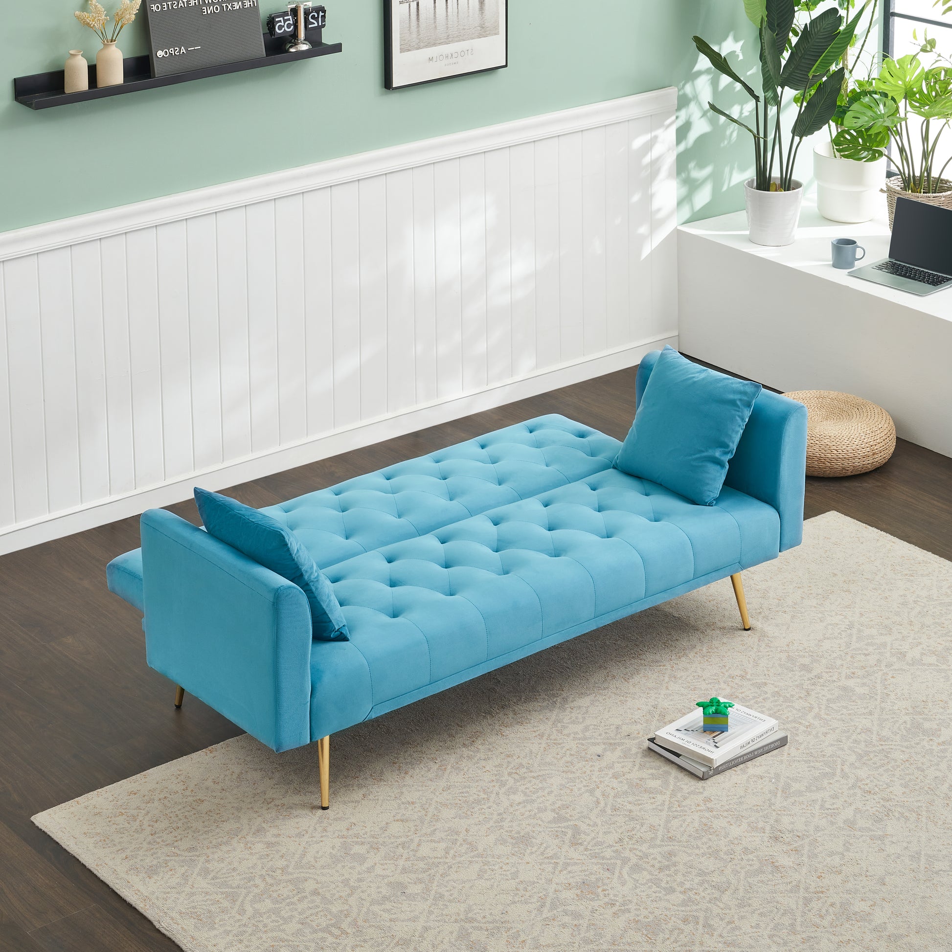 71 Inch Convertibleseat Sofa, American Retro, Light Blue Velvet, Suitable For Small Living Room, Bedroom, Office Light Blue Velvet 2 Seat