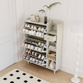 Natural Bohemia Style Shoe Cabinet, Shoe Rack Cabinet With 3 Rattan Flip Drawers,3 Square Shelves And 1 Storage Drawer, Shoe Organizer With Mulit Storage Space And Hooks For Hallway, Entryway, White Freestanding 3 4 Drawers Antique White Primary Living