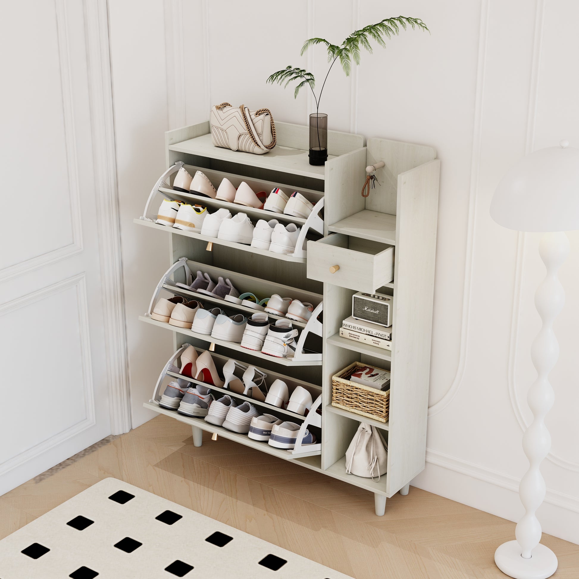 Natural Bohemia Style Shoe Cabinet, Shoe Rack Cabinet With 3 Rattan Flip Drawers,3 Square Shelves And 1 Storage Drawer, Shoe Organizer With Mulit Storage Space And Hooks For Hallway, Entryway, White Freestanding 3 4 Drawers Antique White Primary Living