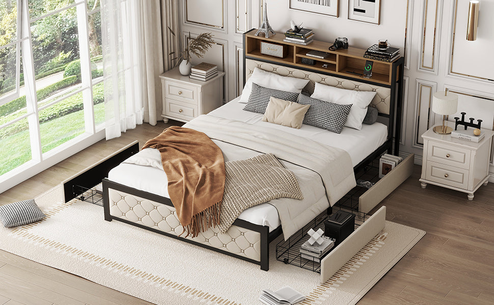 Metal Queen Size Platform Bed With 4 Drawers, Upholstered Headboard And Footboard, Sockets And Usb Ports, Beige Queen Beige Black Fabric Metal