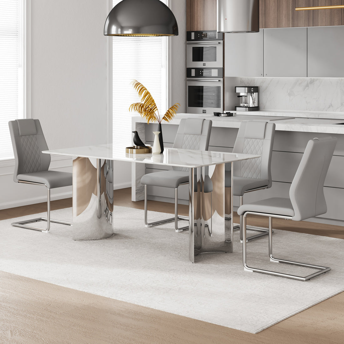 Table And Chair Set.Modern Minimalist Dining Table. Imitation Marble Glass Sticker Desktop, Stainless Steel Legs, Stable And Beautiful. Comfortable Pu Seats.Dt 69 Silver Glass