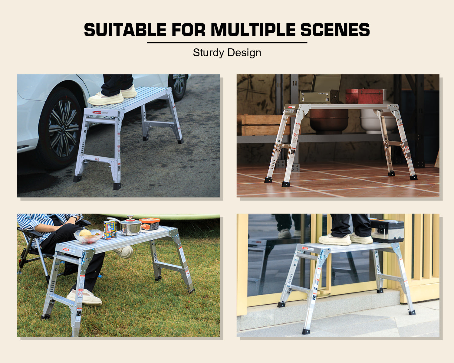 Aluminum Work Platform Large Size Step Stool Folding Portable Work Bench 40" Width Telescopic Feet 22" 27.5" Height Adjustable Grey Aluminium Alloy