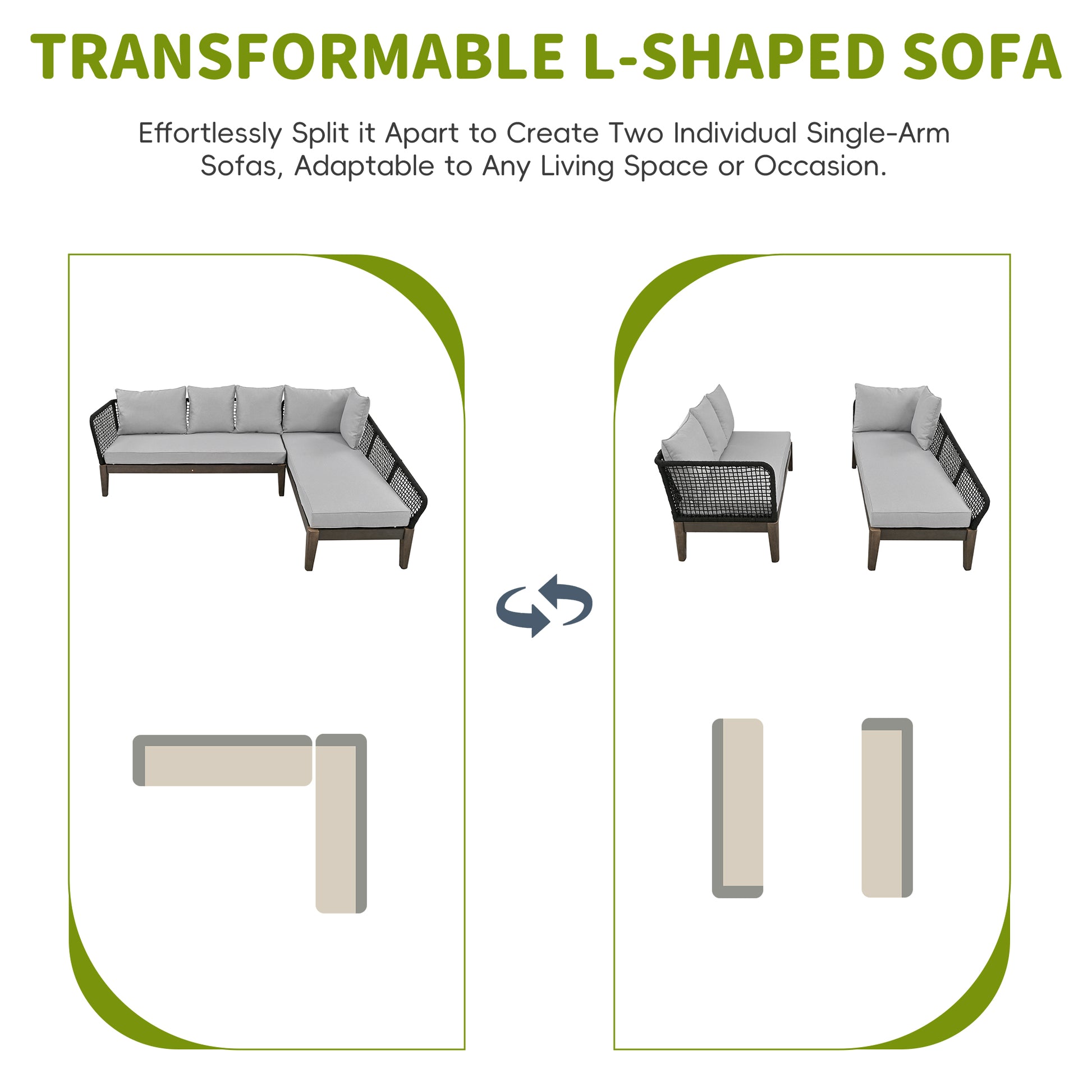 Modern 5 Person Outdoor Seating Group With Cushions Rope Waved Patio Sofa Set For Garden, Lawn, Poolside, L Shaped, Black Gray Yes Deep Seating Grey Black Weather Resistant Frame Water Resistant Cushion Garden & Outdoor Modern Sectional Seating Groups