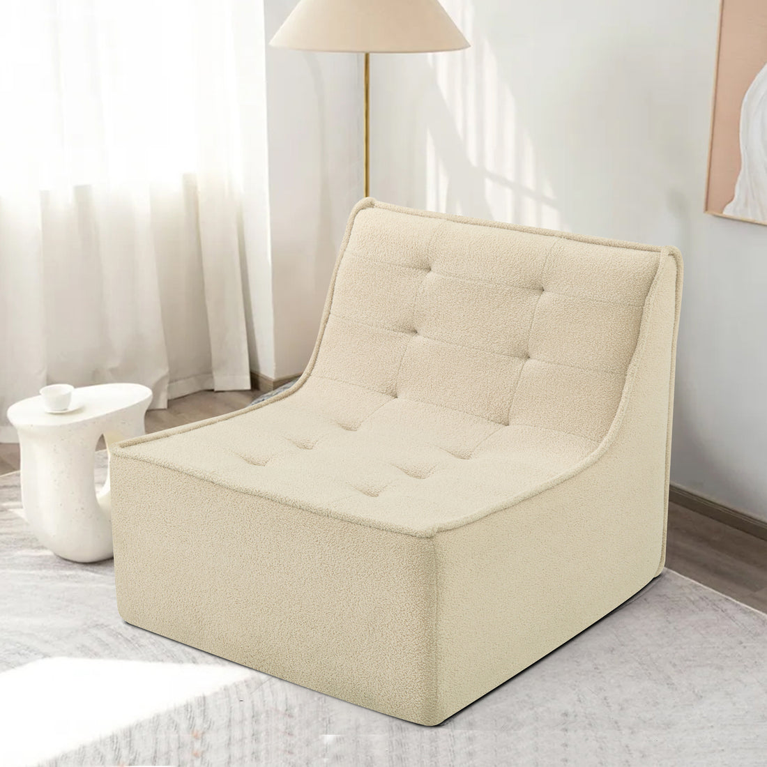 Fireside Chair, Lazy Floor Sofa Couch, Teddy Velvet Bean Bag Chair, Tatami Sofa With High Resilience Foam For Living Room, Bedroom, Office Salon, Khaki Khaki Soft Foam Foam,Teddy