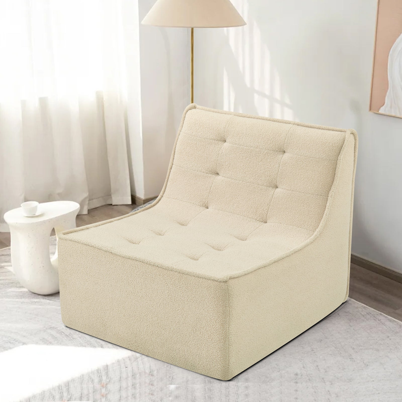 Fireside Chair, Lazy Floor Sofa Couch, Teddy Velvet Bean Bag Chair, Tatami Sofa With High Resilience Foam For Living Room, Bedroom, Office Salon, Khaki Khaki Soft Foam Foam,Teddy