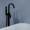 Matte Black Waterfall Freestanding Tub Filler Floor Mount Bathtub Faucet With Handheld Sprayer Matte Black Brass