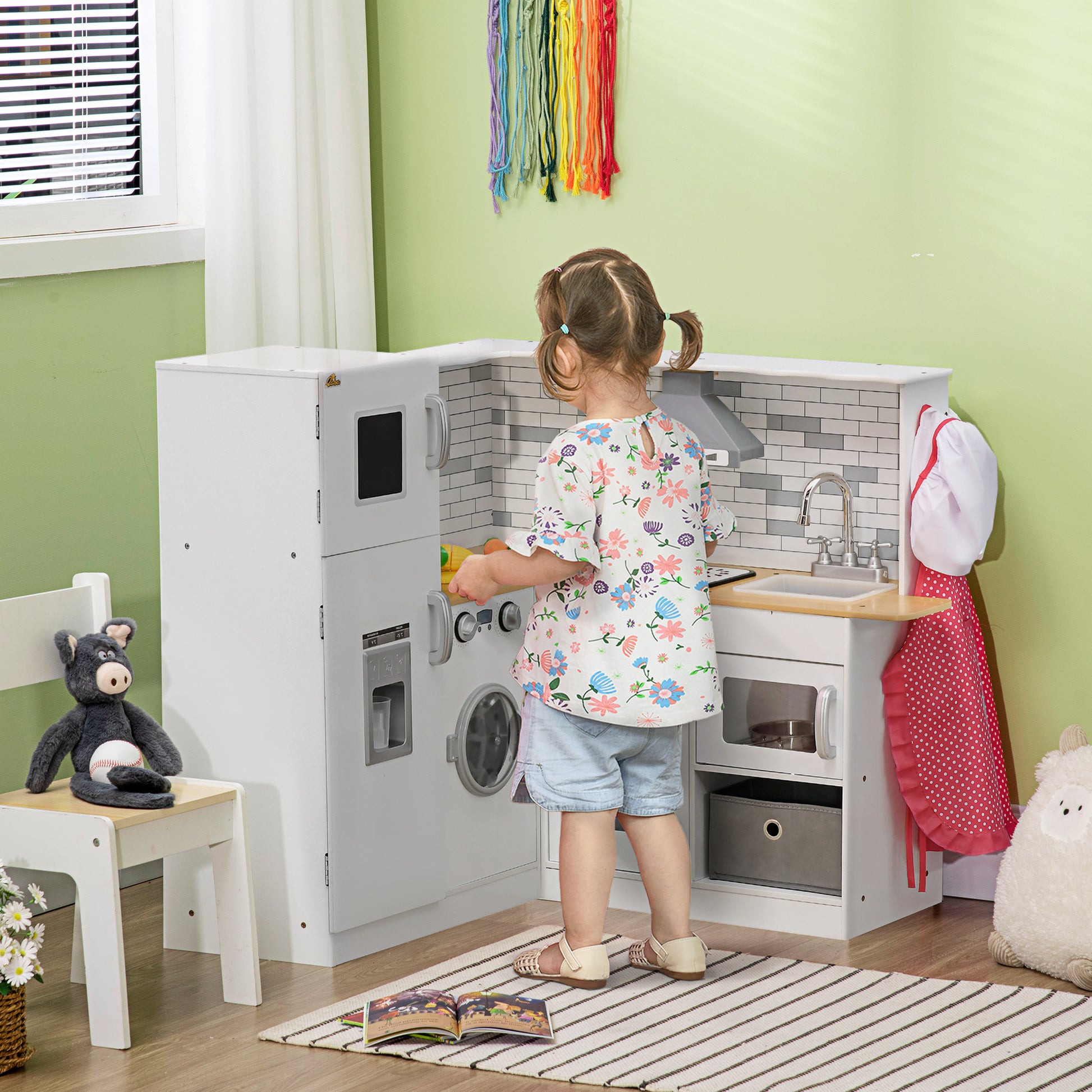 Qaba Corner Play Kitchen Set With Sound Effects And Tons Of Countertop Space, Large Wooden Kitchen With Washing Machine, Food Toys, Ice Maker, Kids Kitchen, Ages 3 6, White White Mdf