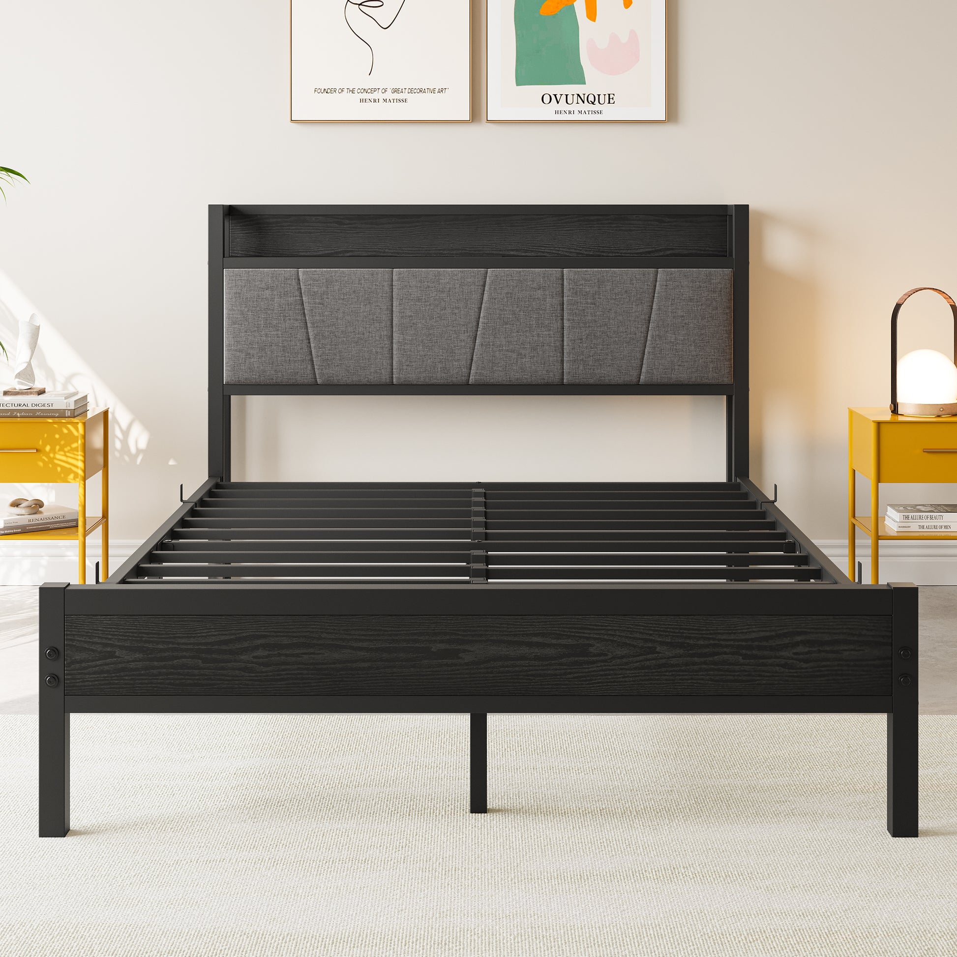 Full Size Bed Frame, Storage Headboard With Charging Station, Solid And Stable, Noise Free, No Box Spring Needed, Easy Assembly Box Spring Not Required Full Black Iron Bedroom Bed Frame Metal & Wood