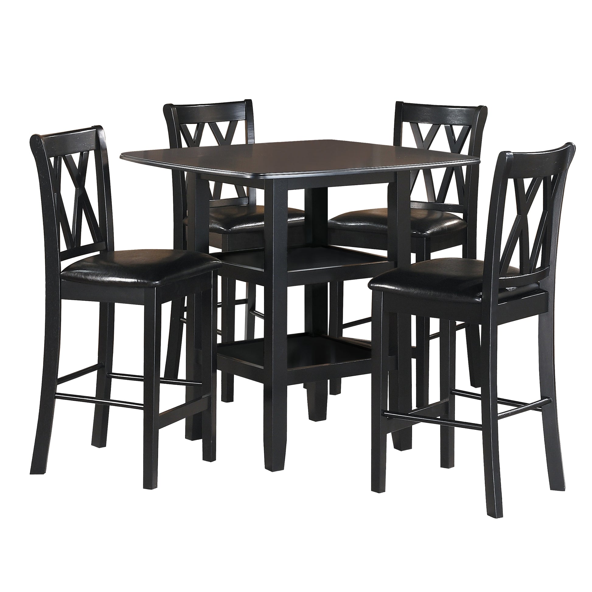 Black Finish 5Pc Counter Height Set Dining Counter Height Table With Lower Shelves And 4X Chairs Set Faux Leather Upholstered Kitchen Dining Furniture Wood Wood Black Seats 4 Wood Dining Room 4 Leg Square Dining Table With Chair Wood