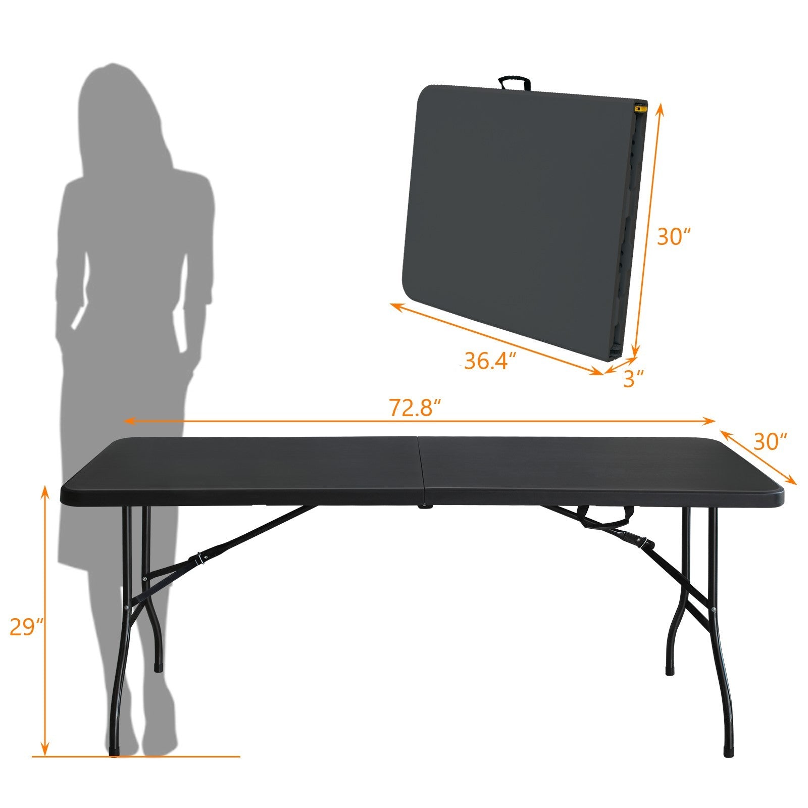 6Ft Folding Table, Portable Plastic Table For Camping, Picnics, Parties, High Load Bearing Foldable Table Black Black Iron Plastic