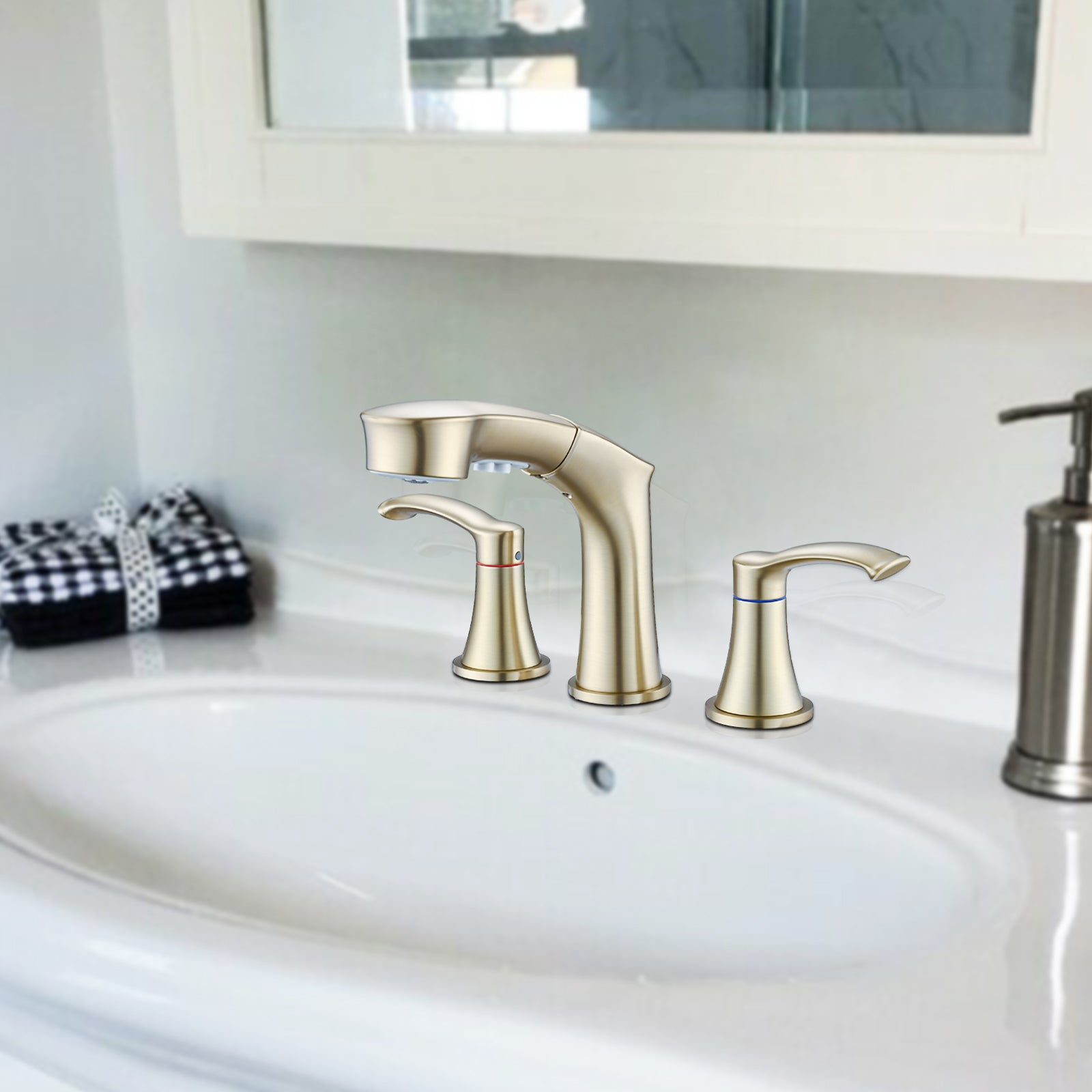 Widespread Pull Out Sprayer Bathroom Faucet, 2 Handle Bathroom Sink Faucet Two Brushed Gold Pull Out Deck Mounted Widespread Faucets Gold Stainless Steel