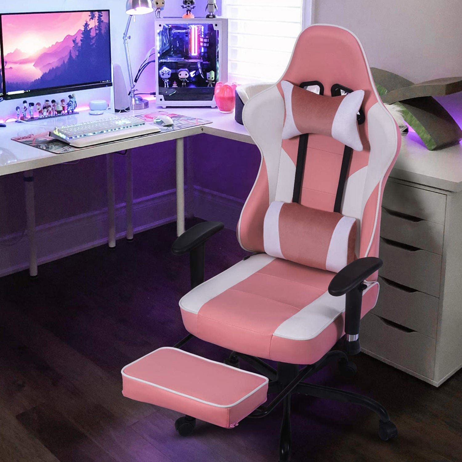 Game Chair, Ergonomiy Designed Computer Chair With Headrest And 2D Armrests, Waist Pillow Electronic Lounge Chair With Vibration Massage Function, Competitive Chair Iron Pink Cotton Leather