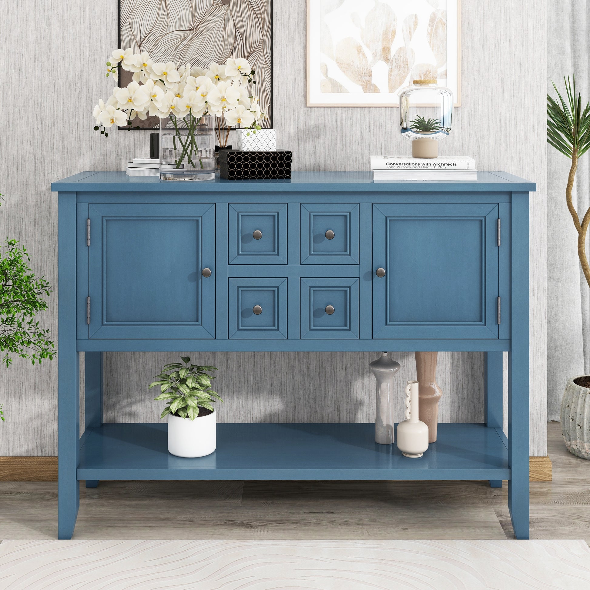 Cambridge Series Large Storage Vintage Console Table With Four Small Drawers And Bottom Shelf For Living Rooms, Entrances And Kitchens Light Navy, Old Sku: Wf190263Aah Light Navy Solid Wood Mdf