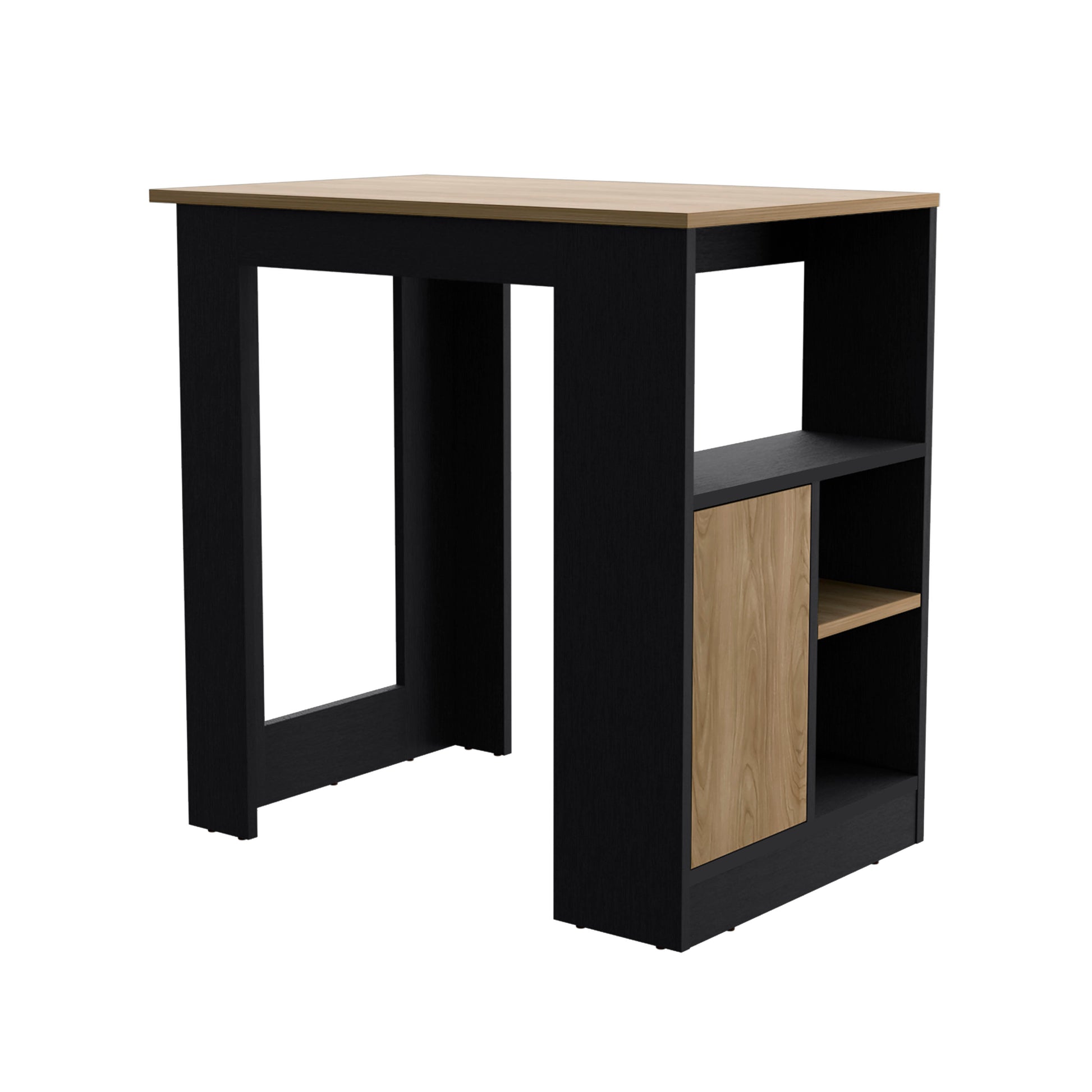 Kitchen Island 36" H, Three Open Side Storage Shelves And One Push To Open Cabinet, Black Natural Oak Multicolor Solid Wood Mdf Engineered Wood