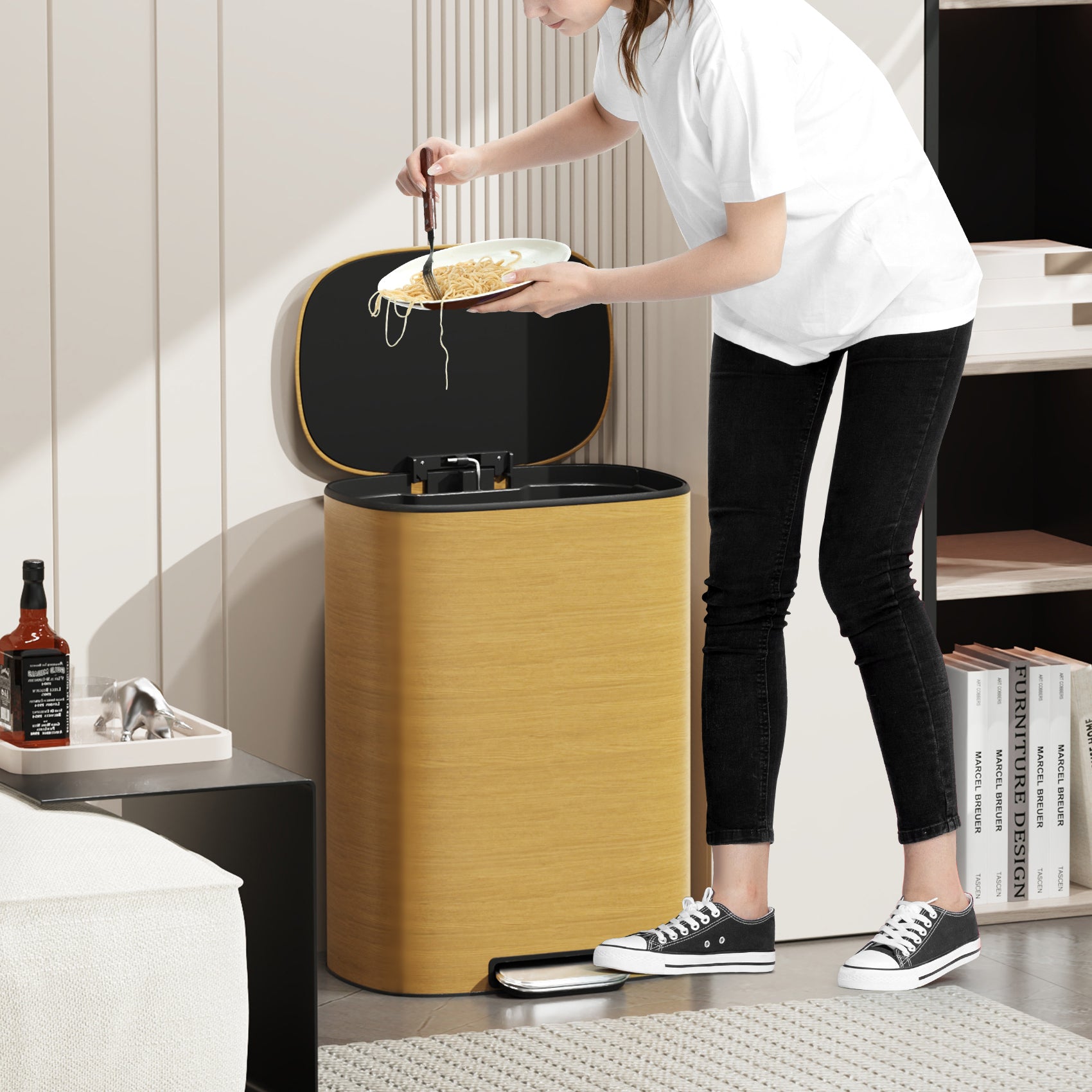 13 Gallon 50L Kitchen Foot Pedal Operated Soft Close Trash Can Stainless Steel Ellipse Bustbin Wood Wood Steel