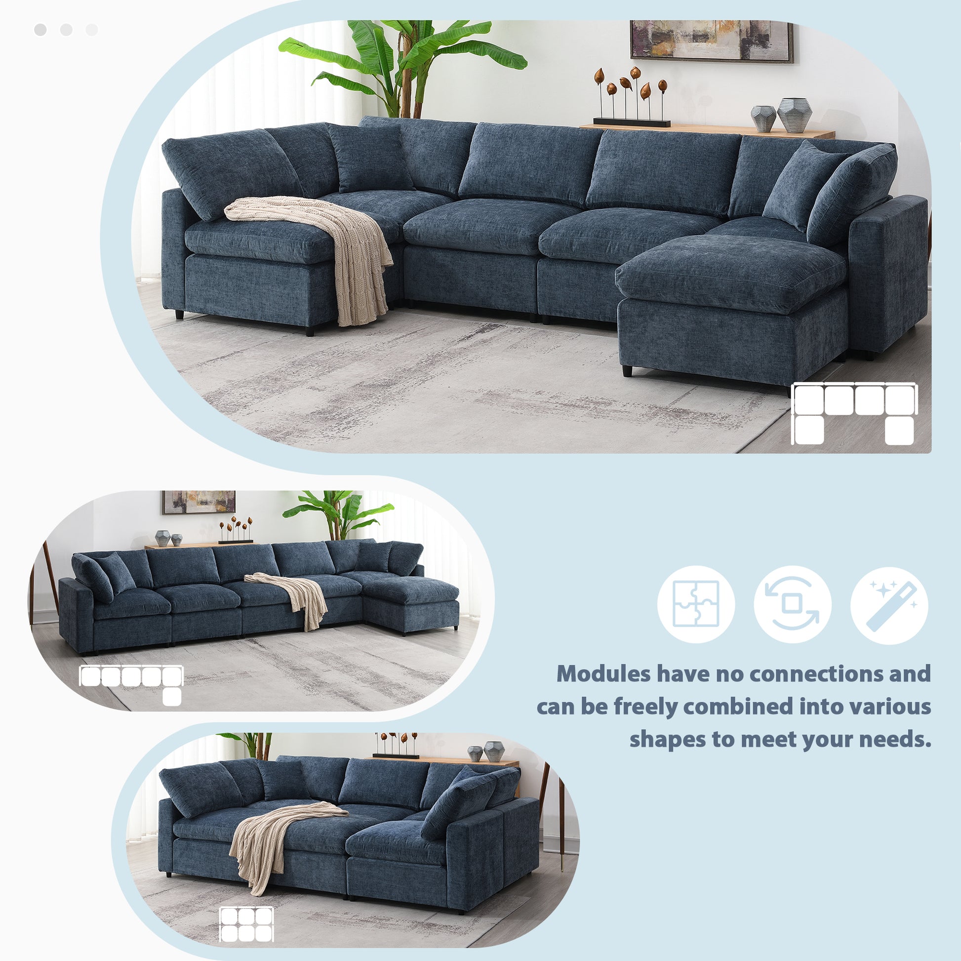 130*65" Modern Modular Cloud Sofa Bed, 6 Seat Chenille Sectional Couch Set With Ottoman,Free Combination,Convertible U Shaped Sleeper Sofa For Living Room, Apartment, 3 Colors Dark Blue Chenille 6 Seat