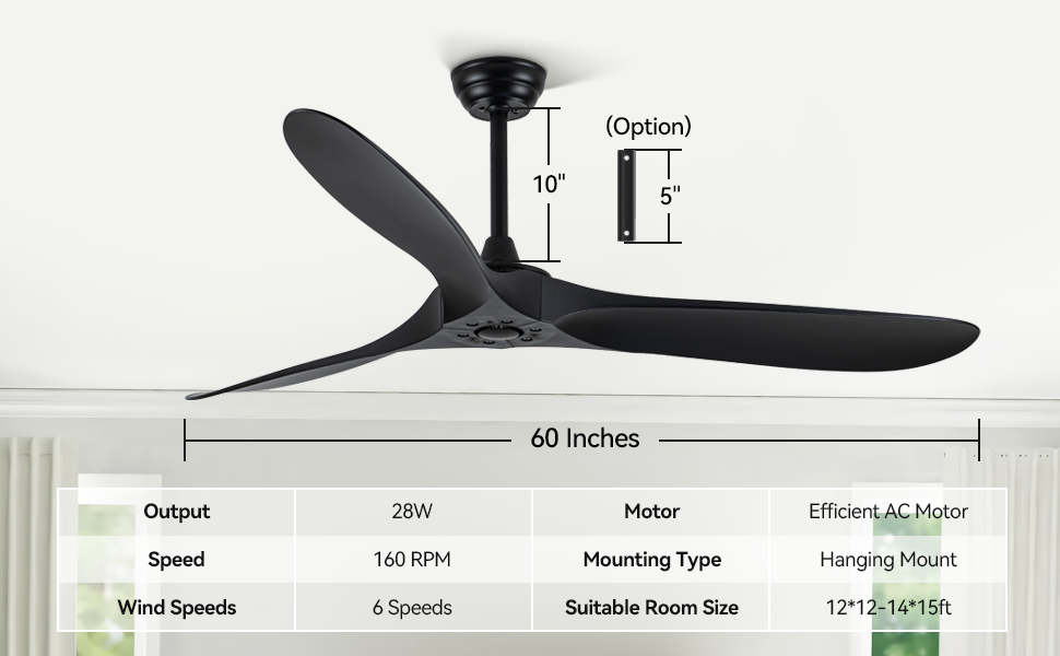 60 Inch Ceiling Fan With Remote Control Timed Lighting, Reversible Airflow And Quiet Operation For Living Room & Bedroom & Outdoor Black Modern Abs