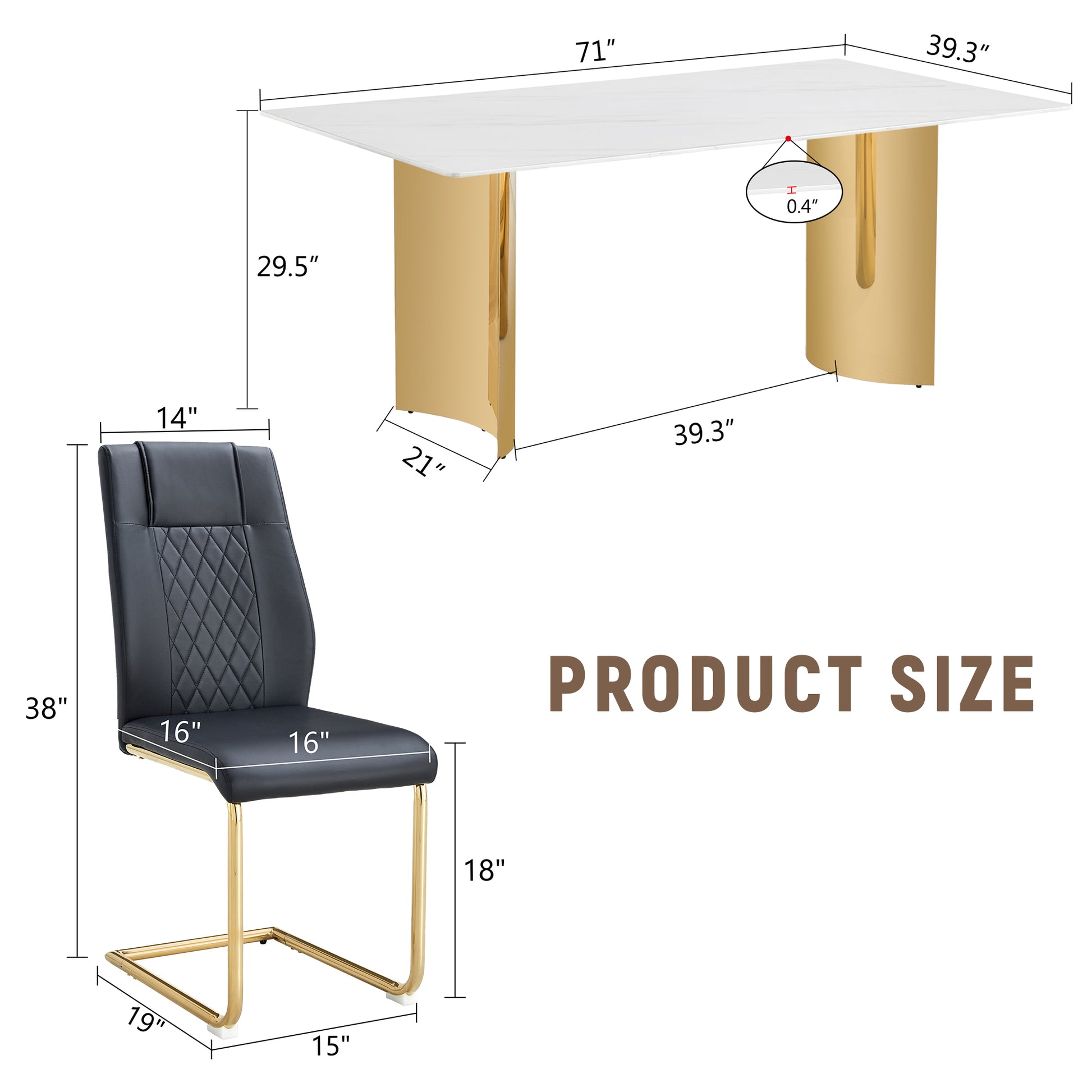 Table And Chair Set.The Table Has A Glass Tabletop With Imitation Marble Pattern Stickers And Stainless Steel Golden Table Legs. Paried With Comfortable Chairs With Pu Seats And Metal Legs. White Gold Seats 8 Glass Metal