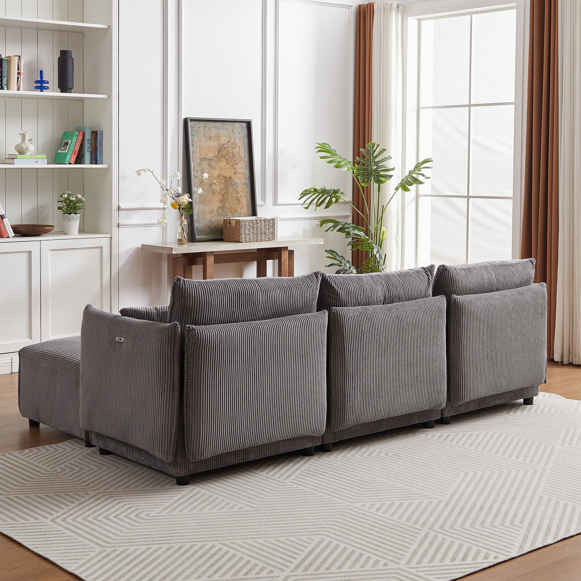 106" Multi Module Combination Style Sofa For Living Room, Bedroom And Other Lounge Spaces, Modern Minimalist Corduroy Combination Sofa With 2 Comfort Cushions With Usb & C Charging Ports Gray Gray Foam Fabric 4 Seat