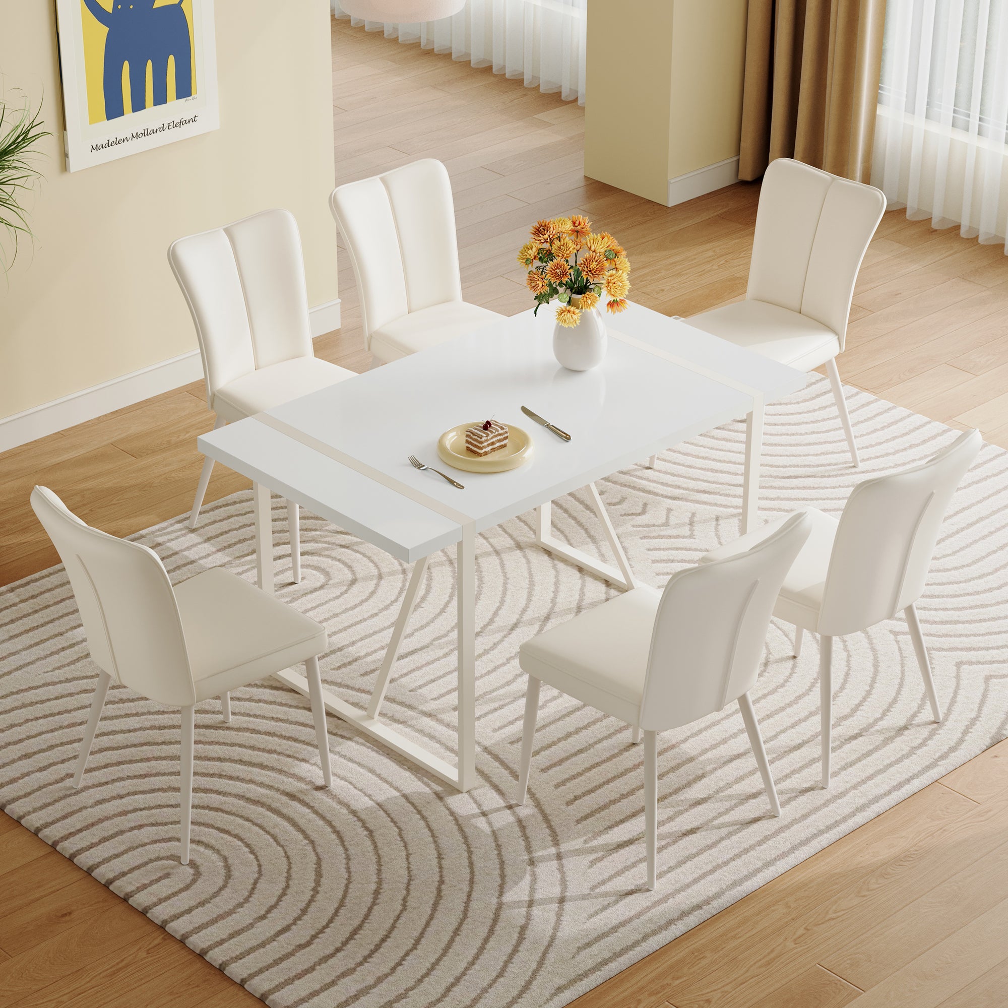 55"X31.5"Cream Style White Mdf Dining Table Set With 6 Armless Chairs.Mdf Tabletop And Metal Legs.The Backrest Of The Dining Chair Has A Vertical Line Design.Adding A Warm Atmosphere To Your Family.