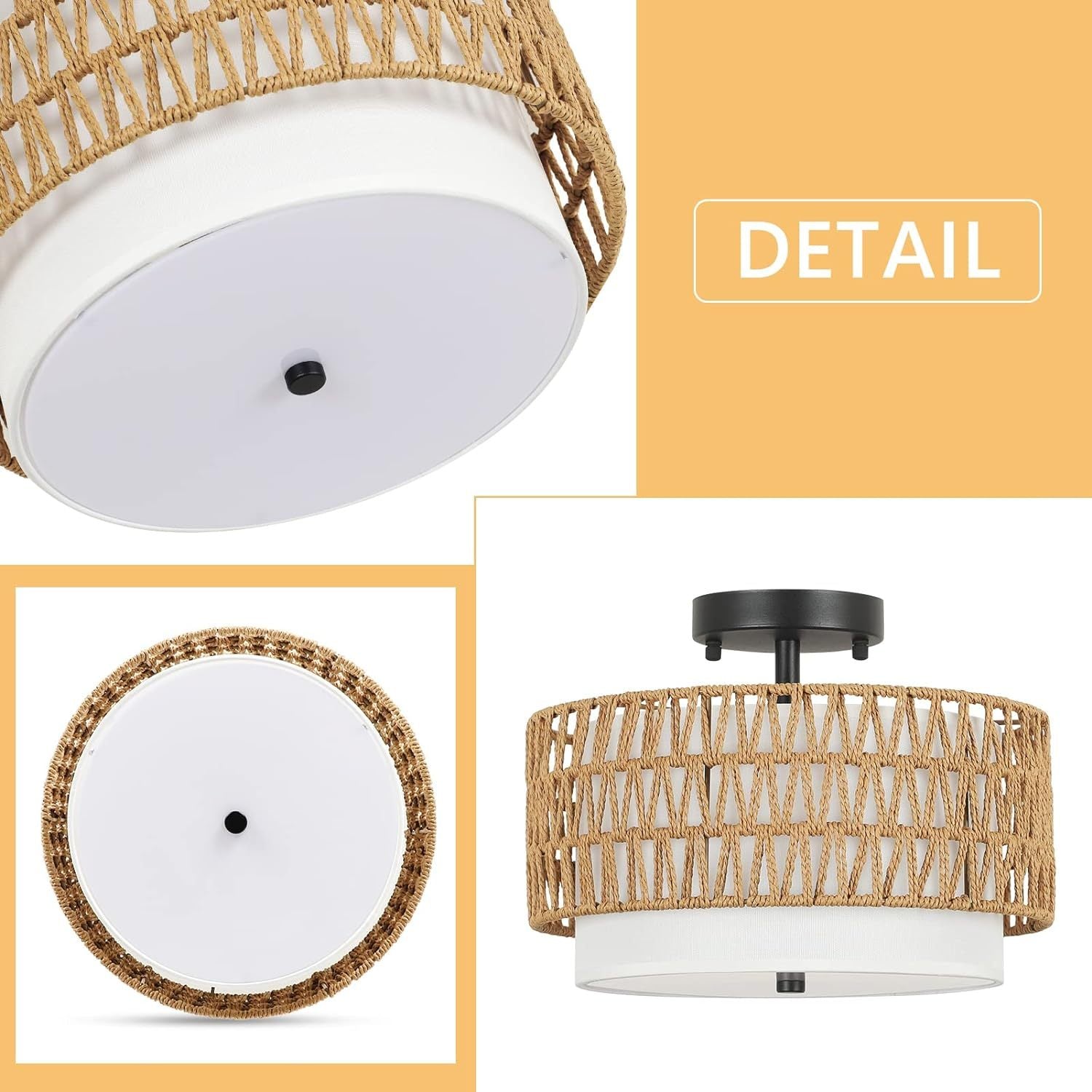 3 Light Semi Flush Mount Ceiling Light Fixture, Boho Rattan Light Fixtures Ceiling, Farmhouse Drum Light With Fabric Shade, Woven Rattan Ceiling Lights For Bedroom Dining Room Foyer Kitchen Hallway Brown Rattan Metal