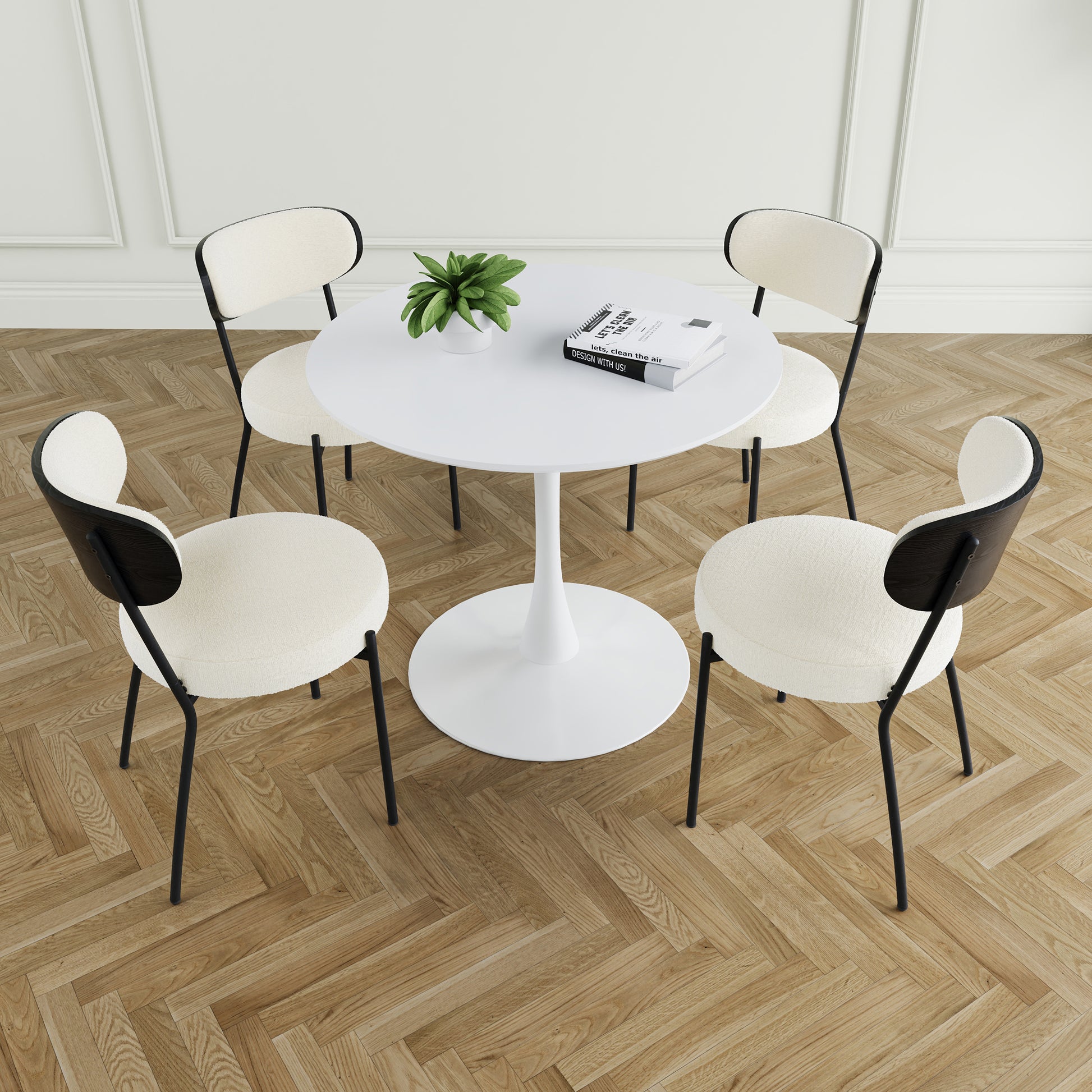 Modern Grey Simple Teddy Velvet Dining Chair Upholstered Chair Family Bedroom Stool Back Dressing, White Round Table Set,Bentwood Covered With Ash Veneer Chair Back,Chair Black Metal Legs Set Of 5 White Mdf