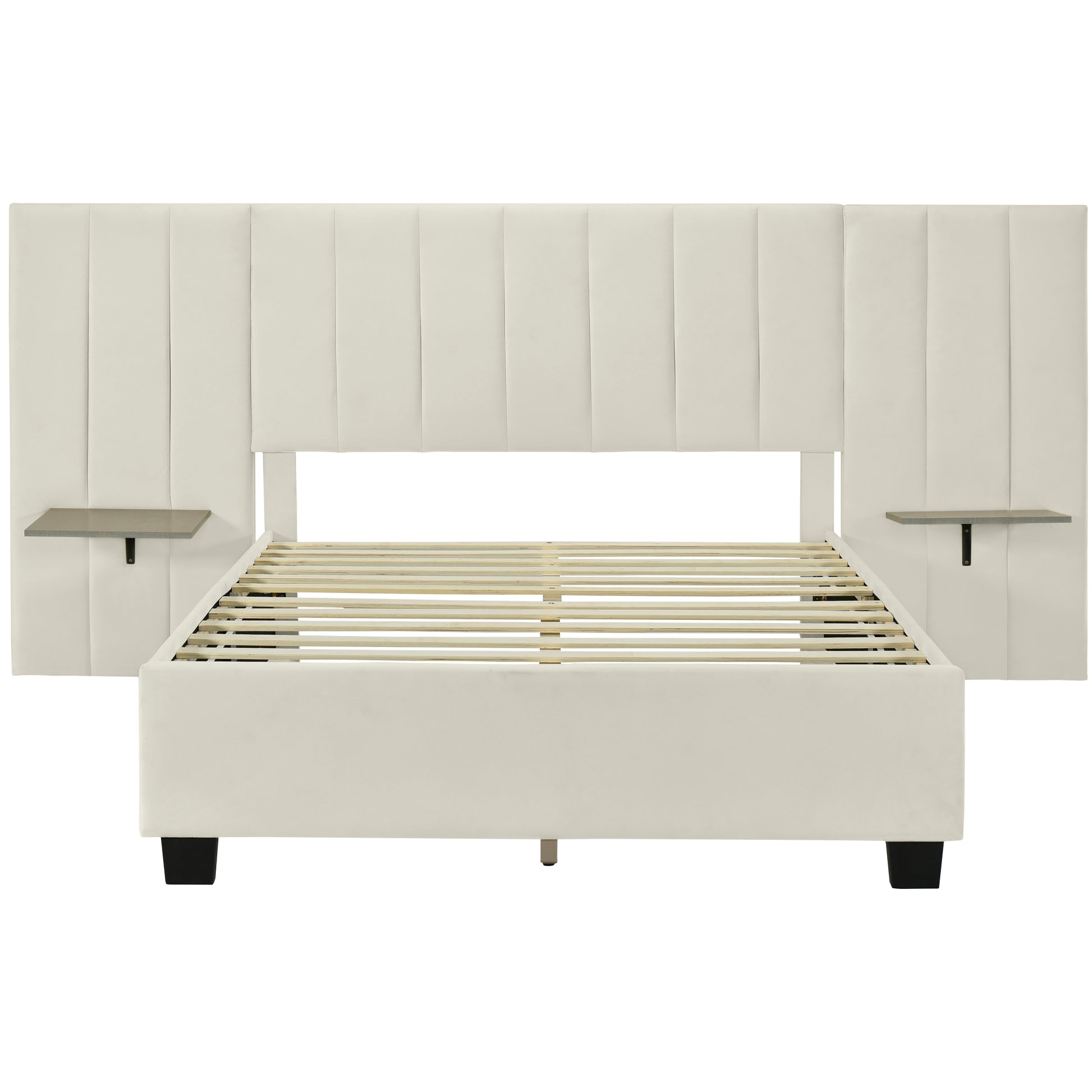 Full Size Upholstered Platform Bed With Big Headboard, Bedroom Furniture, Velvet, Beige Full Beige Plywood