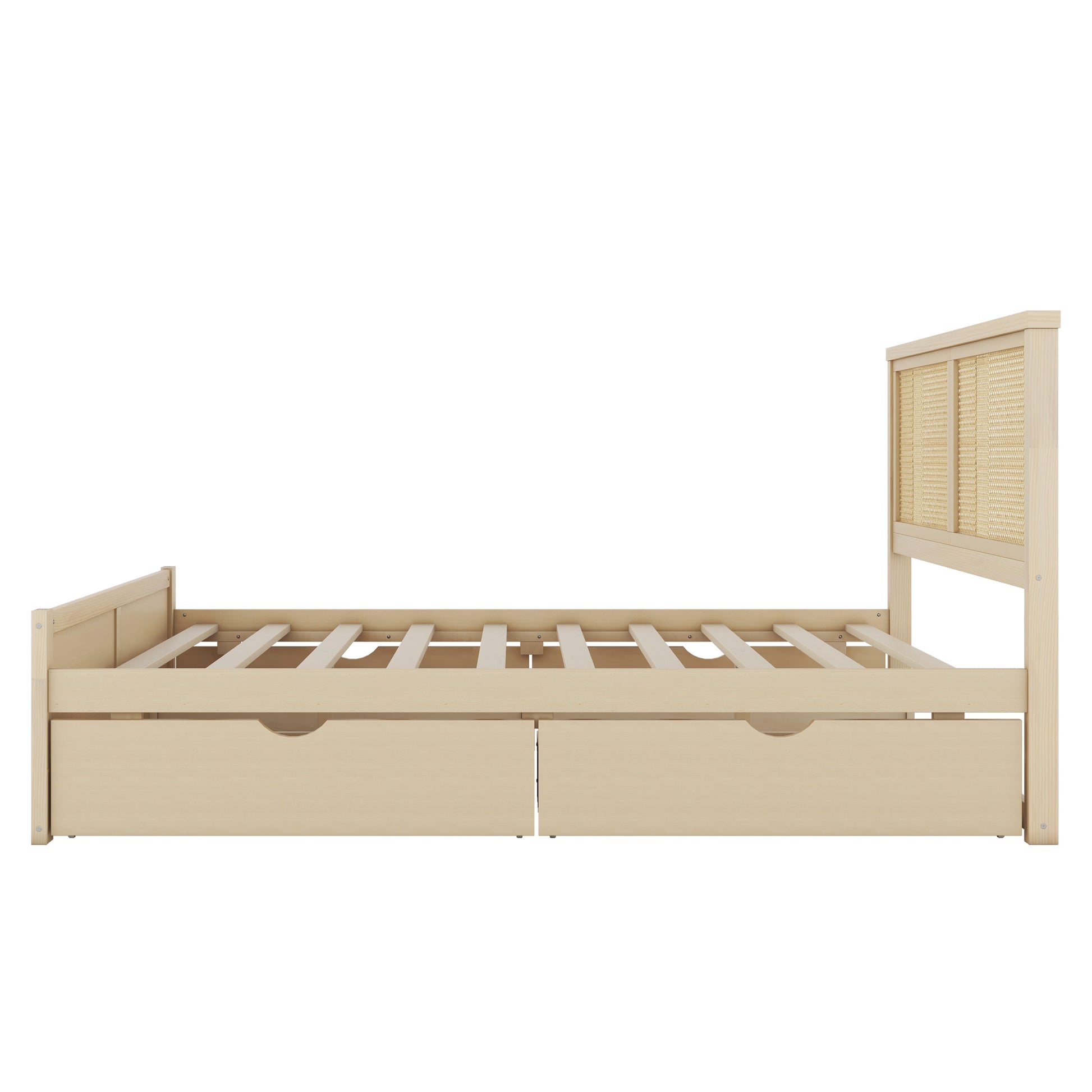 Queen Size Wood Storage Platform Bed With 4 Drawers, Rattan Headboard, Nature Box Spring Not Required Queen Antique Natural Wood Bedroom Bed Frame Wood Rattan