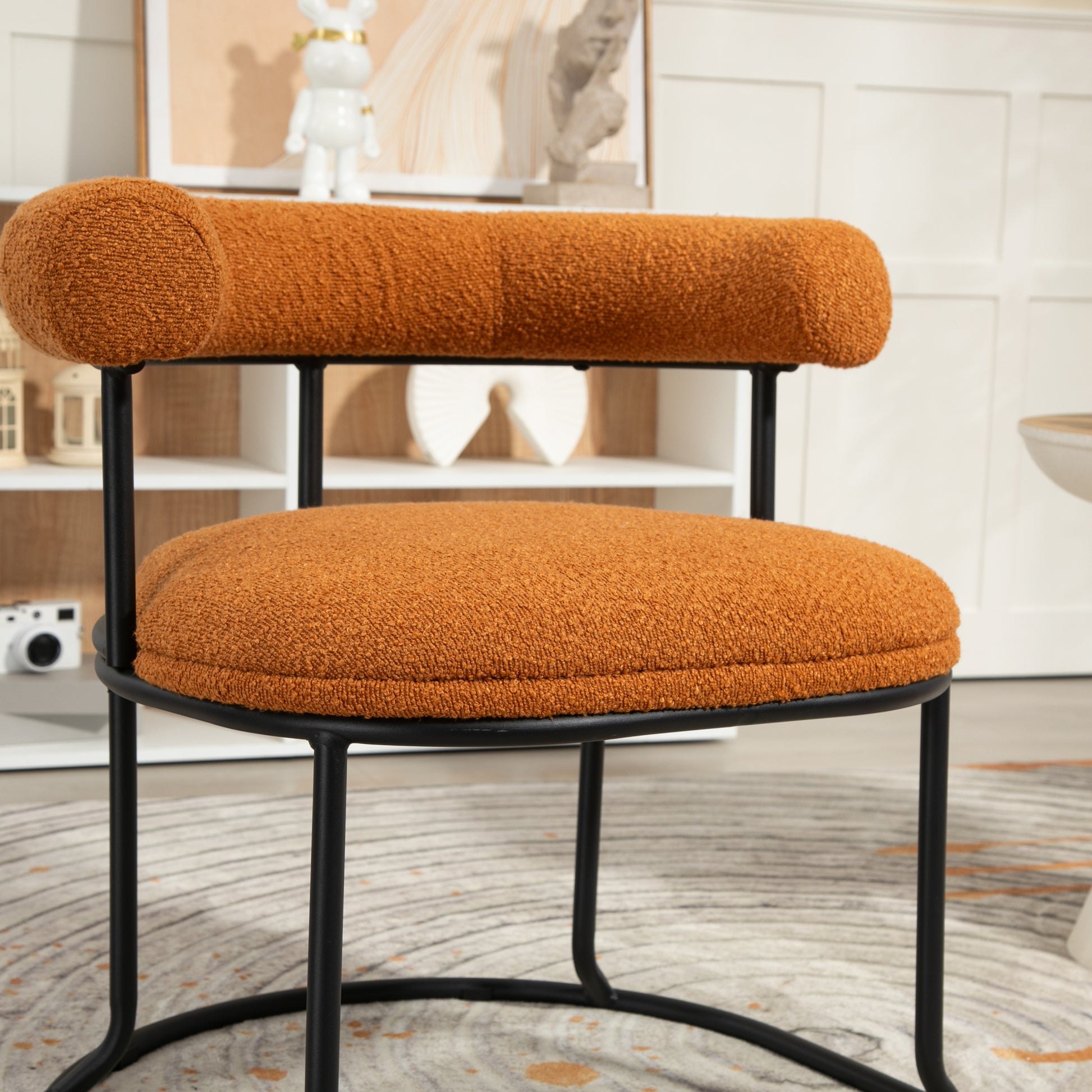 Coolmore Boucle Dining Chairs Set Of 2, Mid Century Modern Curved Backrest Chair, Round Upholstered Kitchen Chairs Orange Boucle Orange Foam Mdf Metal