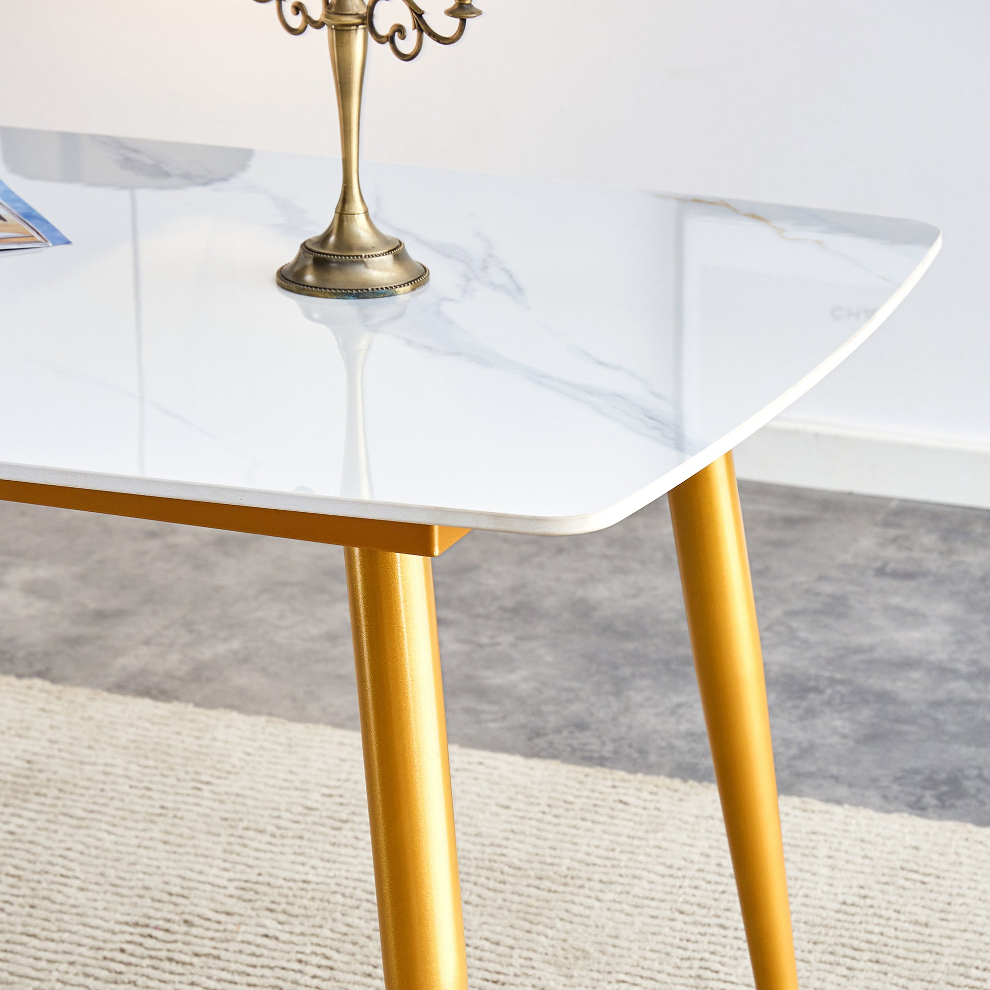 Modern Minimalist Dining Table. White Imitation Marble Patterned Stone Burning Tabletop With Golden Metal Legs. 50 "* 30" * 30 "F 001 Gold Sintered Stone