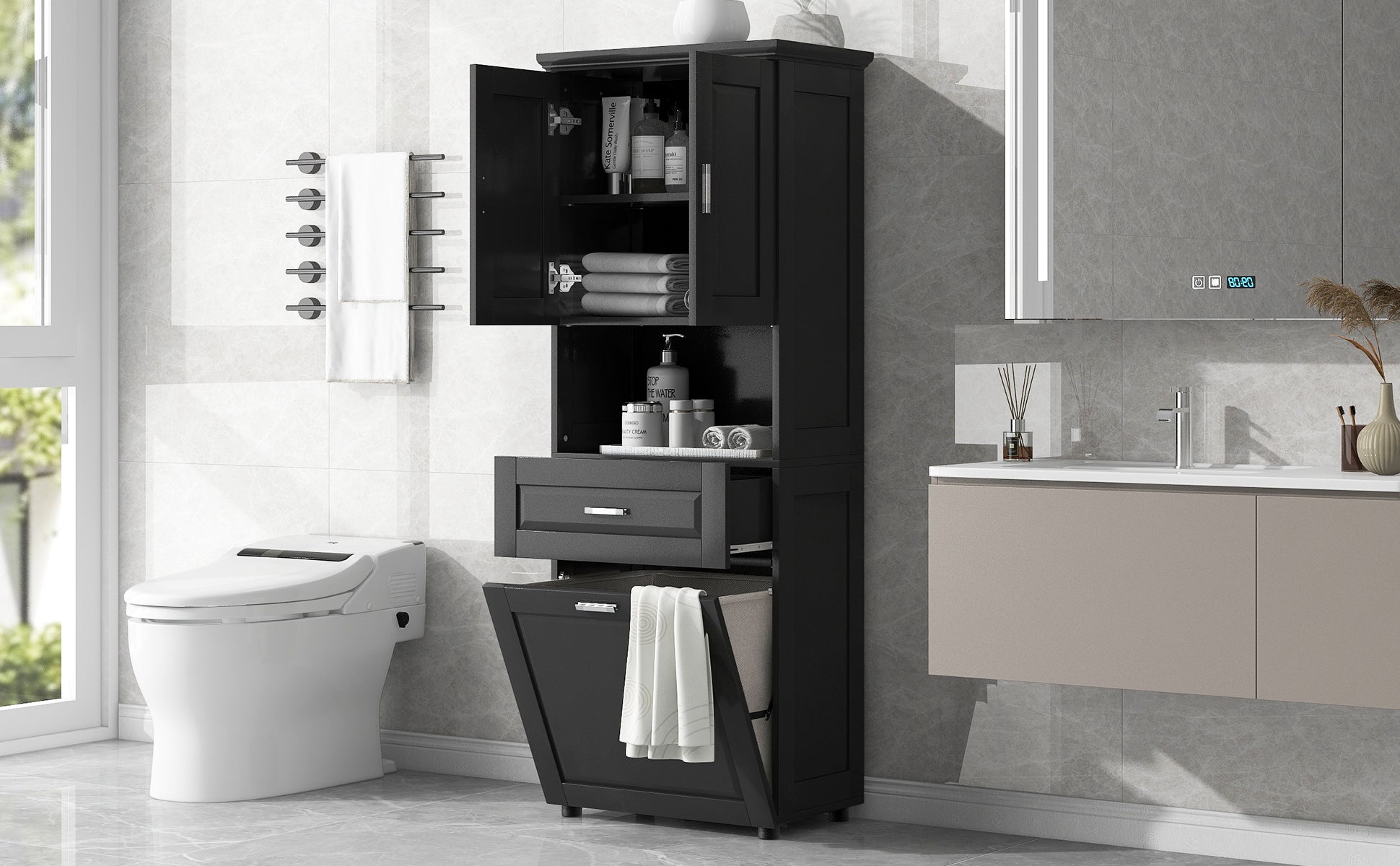 Tall Bathroom Cabinet With Laundry Basket, Large Storage Space Tilt Out Laundry Hamper And Upper Storage Cabinet, Black Black Mdf