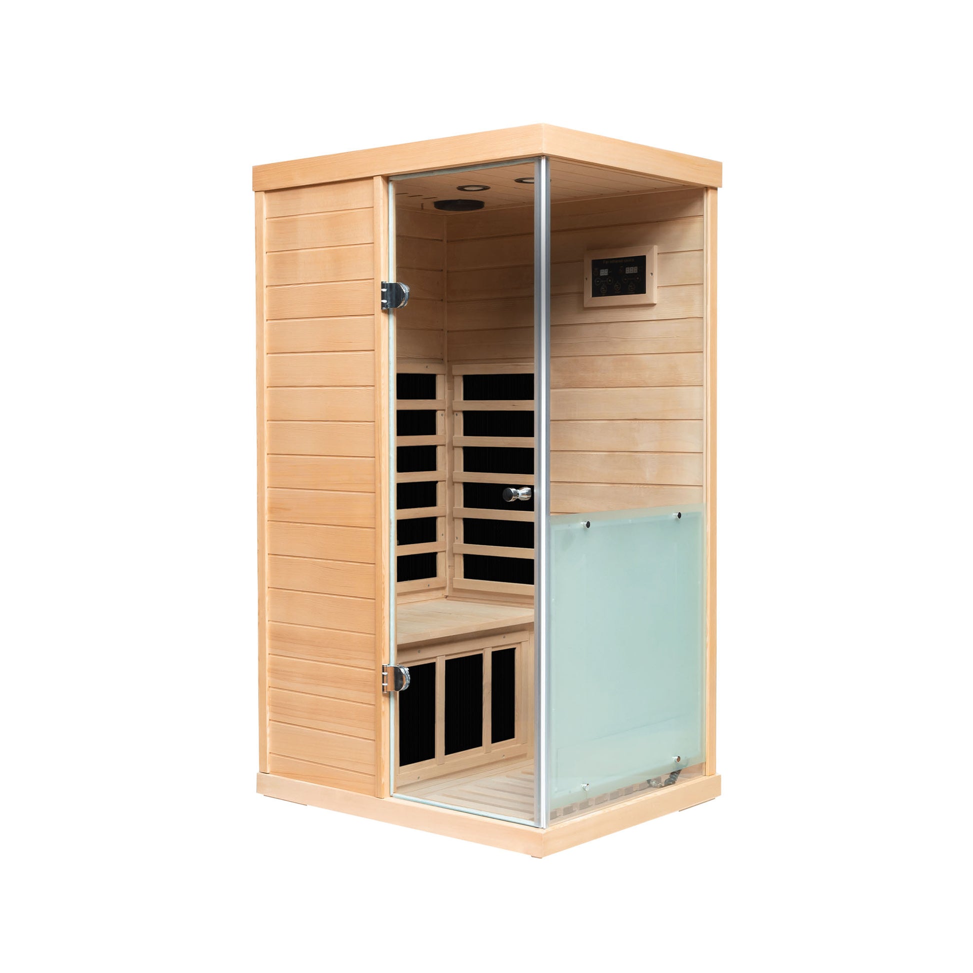 Large Glass Mini Hemlock Sauna With Right Door Opening Natural Wood Metal & Wood