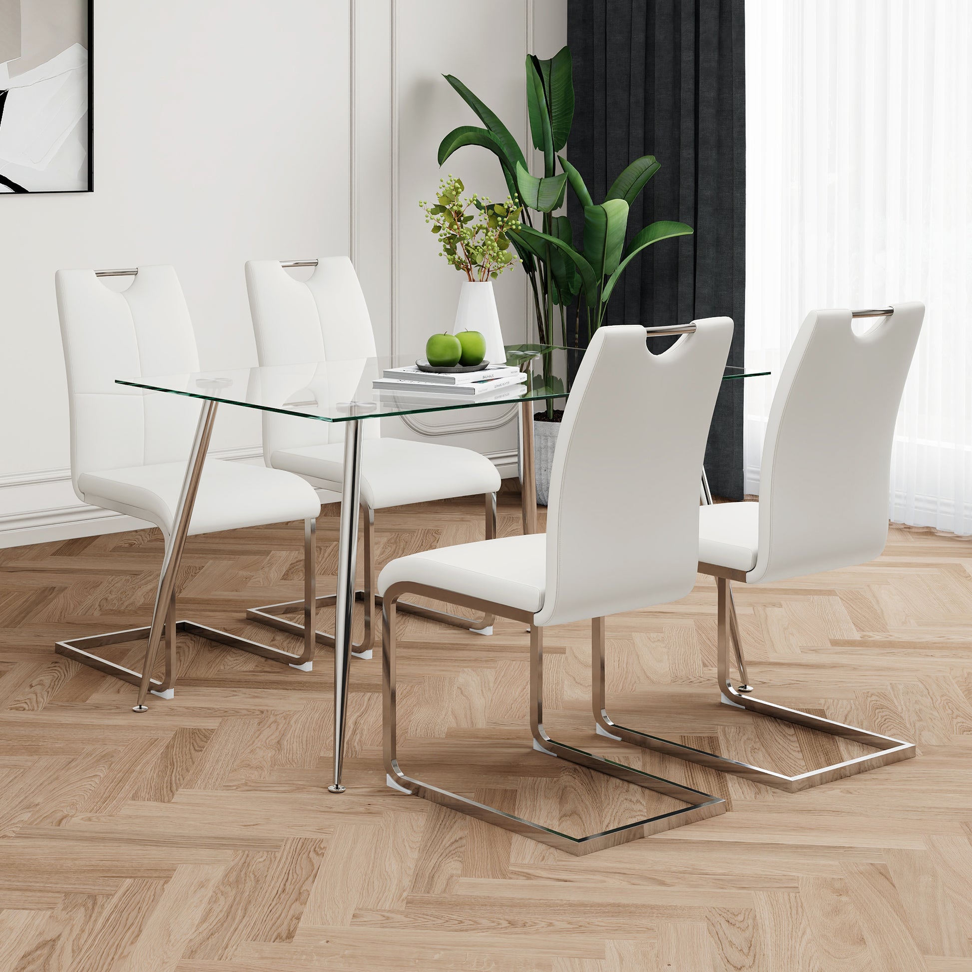 Modern Simple Rectangular Glass Dining Table, Solid Tempered Glass Tabletop, Electroplated Table Legs, White Pu Dining Chair Set, Suitable For Restaurant Kitchen Use Set Of 5 Upholstered Chair Glass White Pu Seats 4 Metal Rectangular Dining Table With