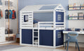 Twin Size Bunk Wood House Bed With Tent, Blue White Twin Blue Solid Wood Mdf