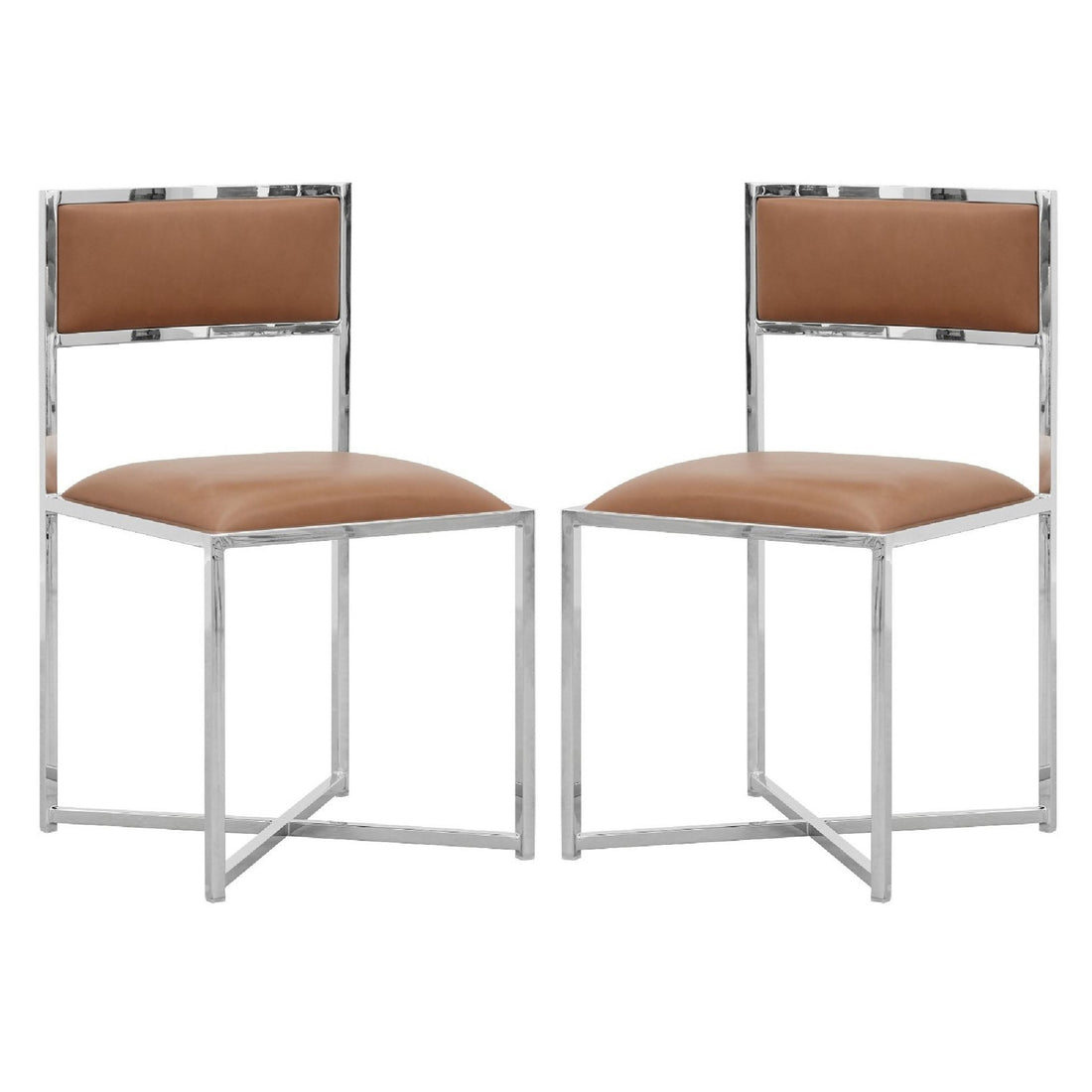 Eun 20 Inch Vegan Faux Leather Dining Chair, Chrome Base, Set Of 2, Brown Brown Metal