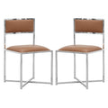 Eun 20 Inch Vegan Faux Leather Dining Chair, Chrome Base, Set Of 2, Brown Brown Metal