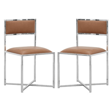 Eun 20 Inch Vegan Faux Leather Dining Chair, Chrome Base, Set Of 2, Brown Brown Metal