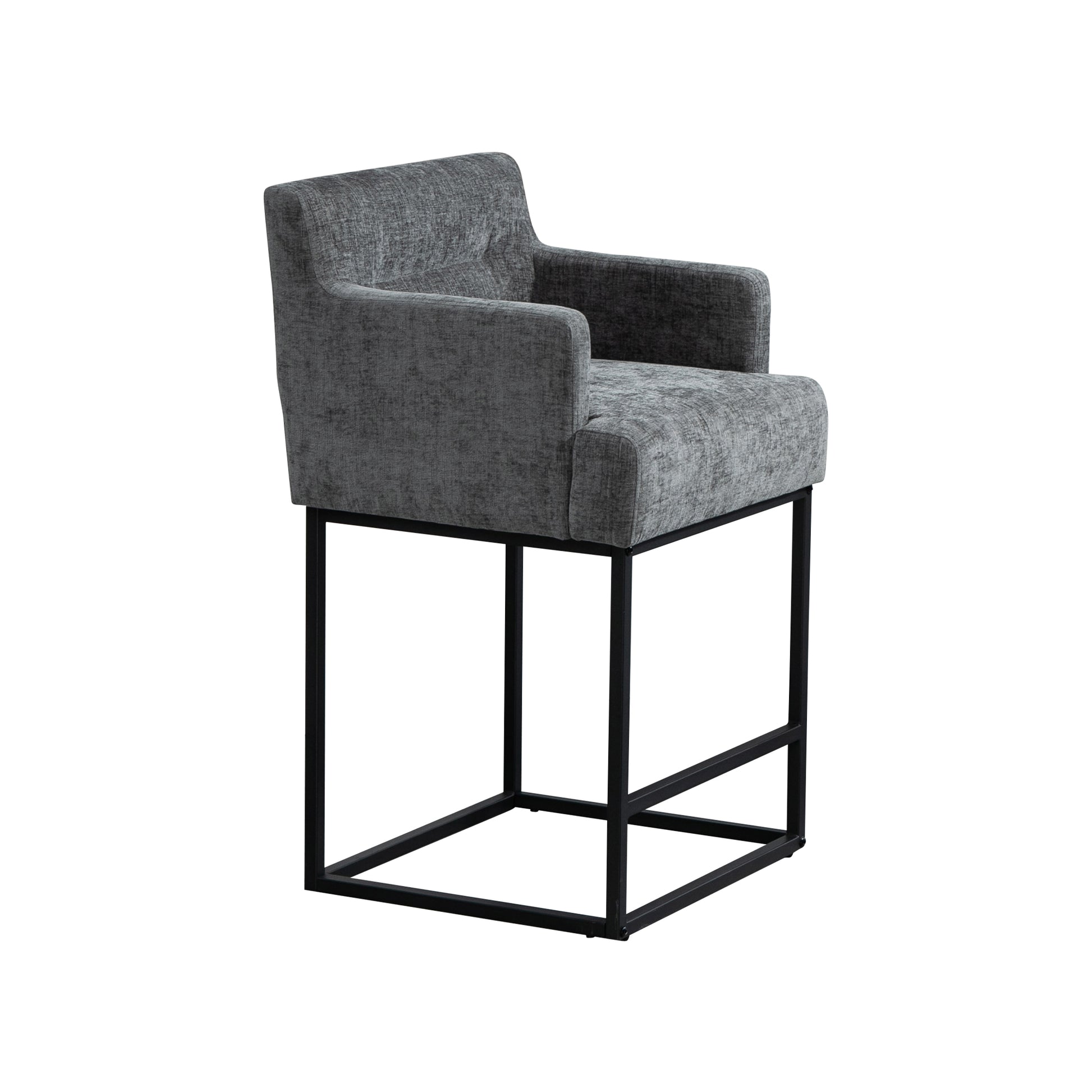 Coolmore Counter Height Bar Stools Set Of 2, Modern Barrel Bar Stool With Backrest And Arms, Black Metal Frames, Upholstered Bar Stools For Kitchen Island, Pub, Club Gray Foam Chenille