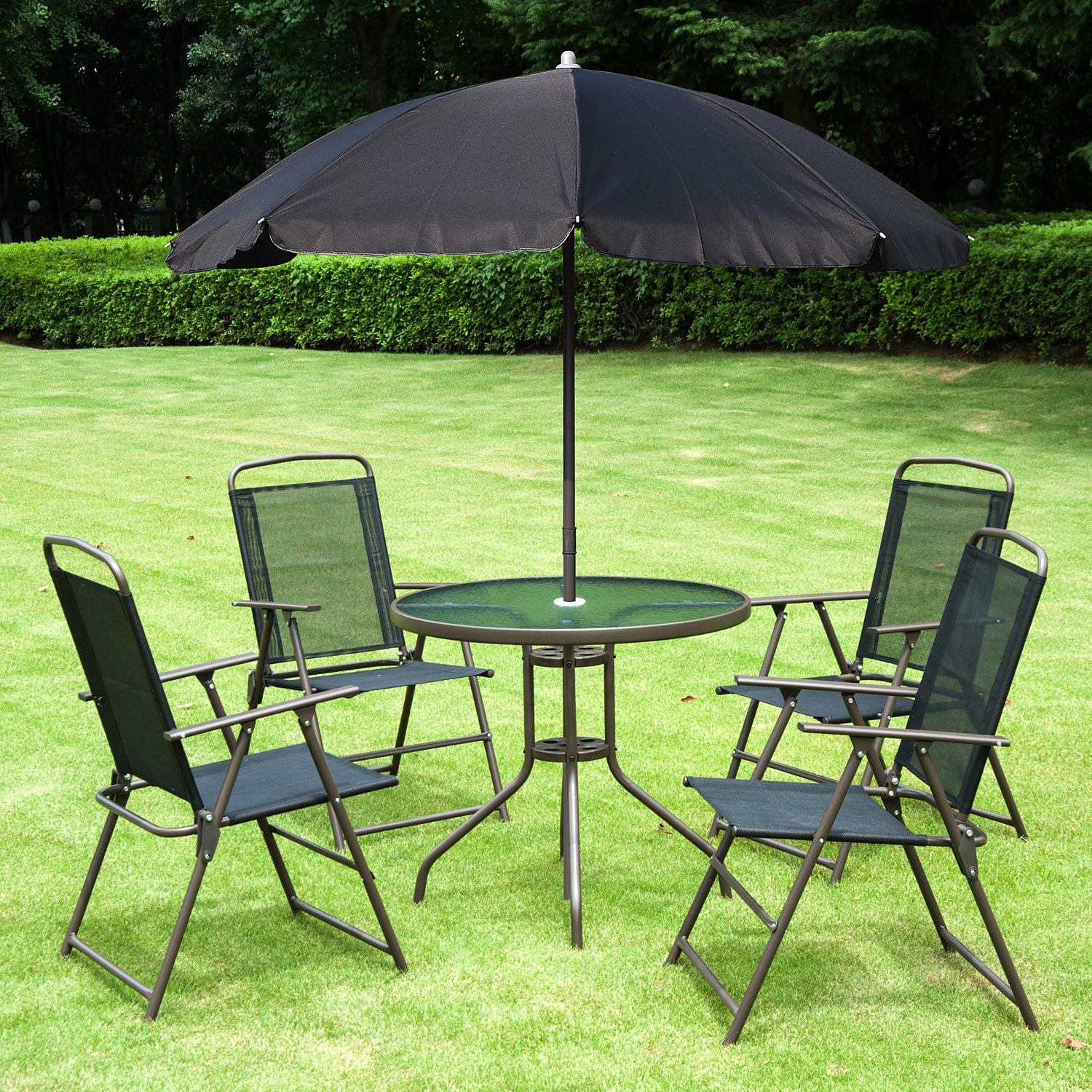 Outsunny 6 Piece Patio Dining Set For 4 With Umbrella, Outdoor Table And Chairs With 4 Folding Dining Chairs & Round Glass Table For Garden, Backyard