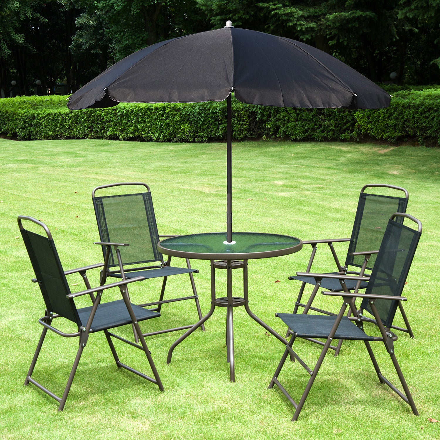 Outsunny 6 Piece Patio Dining Set For 4 With Umbrella, Outdoor Table And Chairs With 4 Folding Dining Chairs & Round Glass Table For Garden, Backyard And Poolside, Black Black Steel