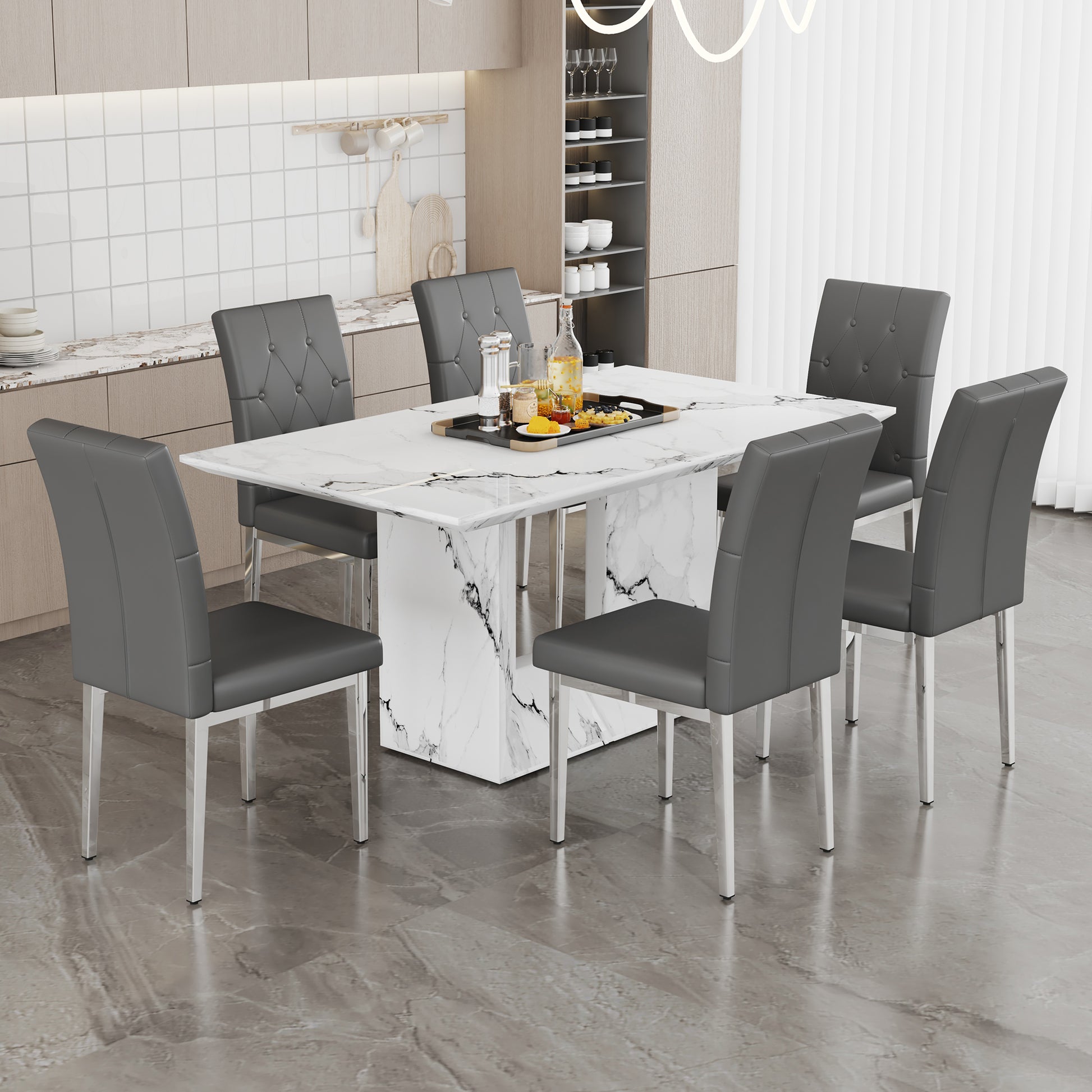 Table And Chair Set.63"X35.4" White Marble Patterned Mdf Dining Table Set With 6 Armless Dark Gray Pu Chairs.Showcasing A Modern And Stylish Look. Dark Gray,White Seats 6 Mdf Metal