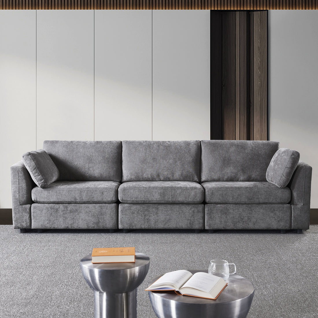 Modular Sofa Grey Chenille Fabric, Simple And Grand, The Seat And Back Is Very Soft. This Is Also A Knock Down Sofa Grey Brown Chenille Wood Primary Living Space Medium Firm Light Duty Victorian Rectangle Acacia Rolled Arms Chenille 3 Seat