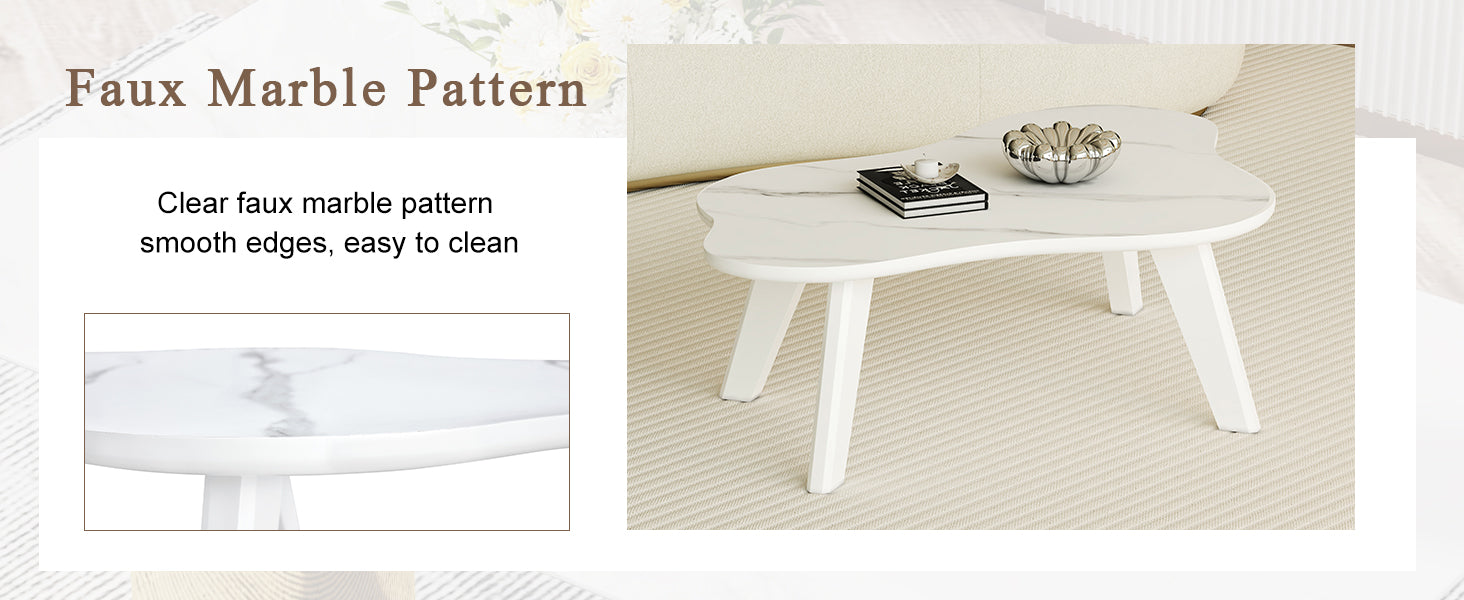 Modern Minimalist White Imitation Marble Tabletop Coffee Table. Solid Wood Spray Painted Desk Legs, Cloud Shape To Give You A Experience, Computer Desk. Suitable For Dining And Living Rooms. White Mdf