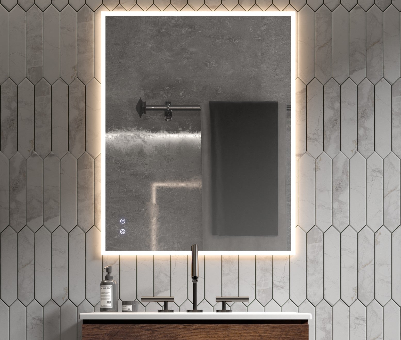 24" W X 30" H Modern Wall Mounted Led Backlit Anti Fog Rectangular Bathroom Mirror With Us Standard Plug, Temperature Adjustable And Memory Function Touch Switch White Glass