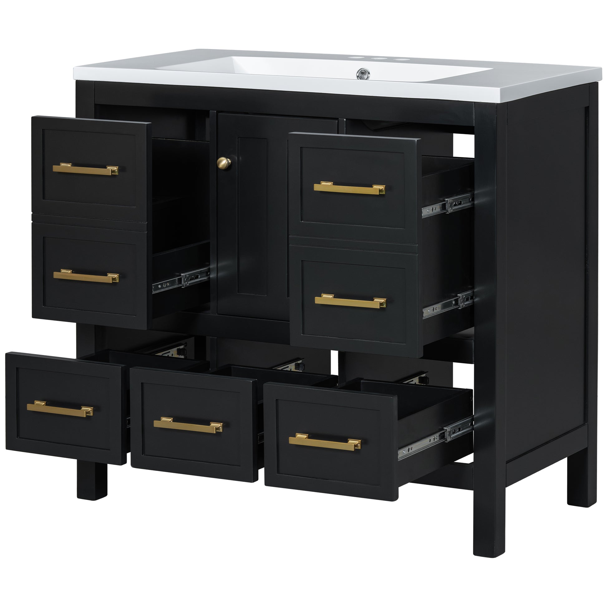 36'' Bathroom Vanity With Resin Sink Combo, Solid Wood Frame Bathroom Storage Cabinet, Freestanding Vanity Set With 5 Drawers& Soft Closing Doors Same As Sw000142Aab Black Bathroom Solid Wood Mdf Resin