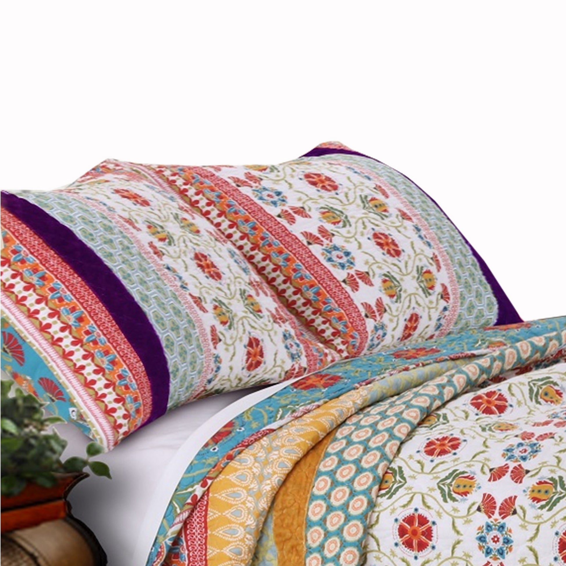 Geometric And Floral Print Full Size Quilt Set With 2 Shams, Multicolor Multicolor Polyester Blend