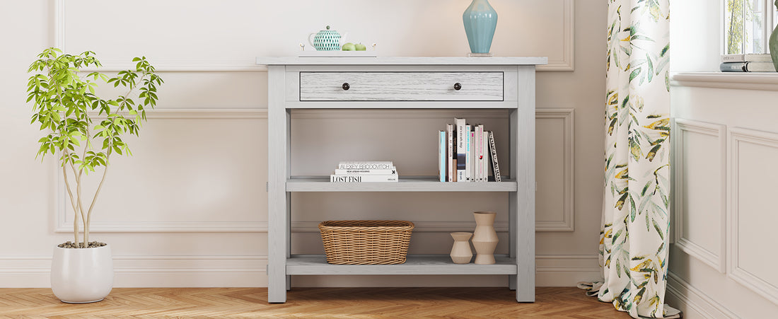 Retro Console Table With Drawer And Two Sturdy Shelves For Entryway, Living Room Antique White Antique White Mdf,Rubber Wood