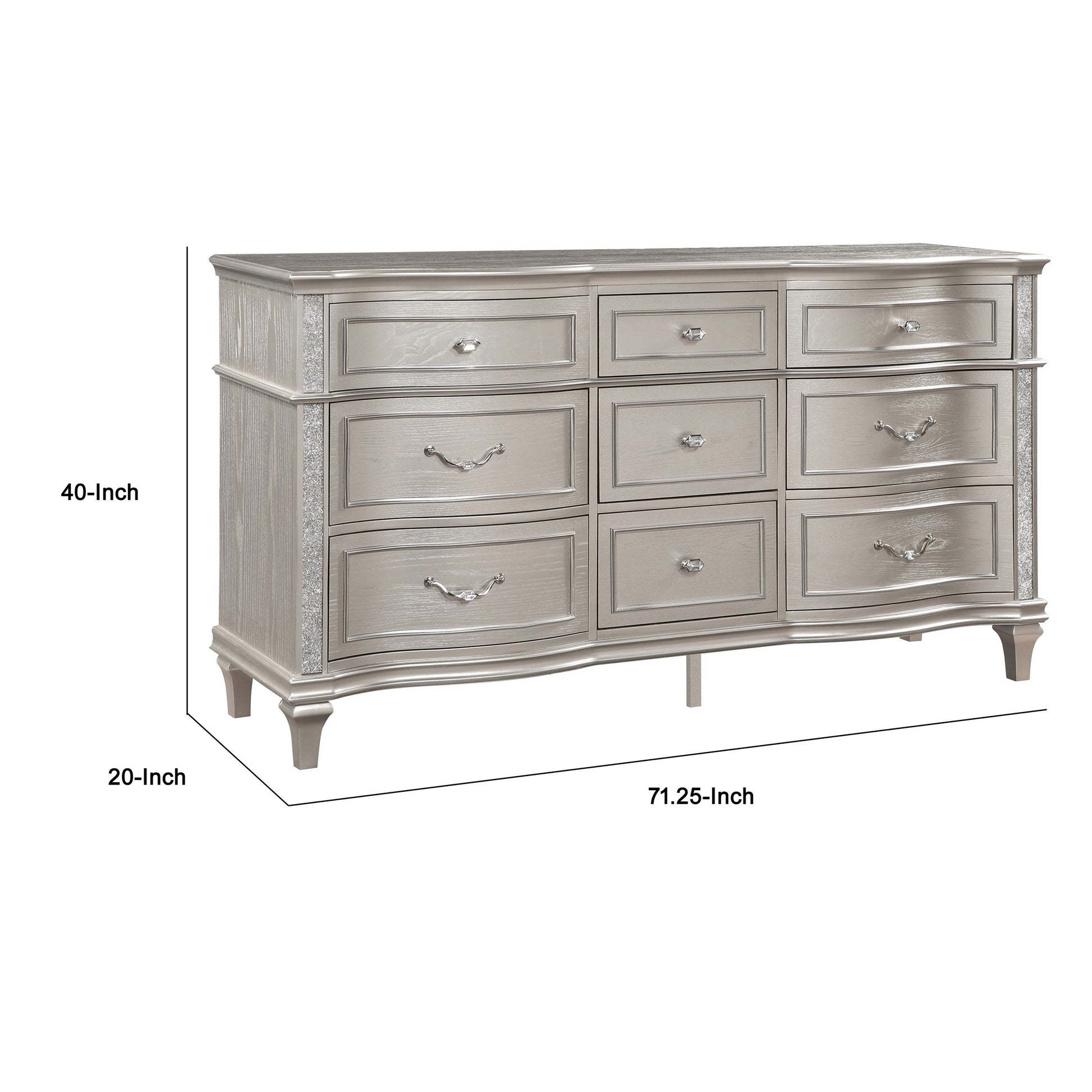 Inz 71 Inch 9 Drawer Wide Dresser, Elegant Trim Details, Classic Silver Silver Wood