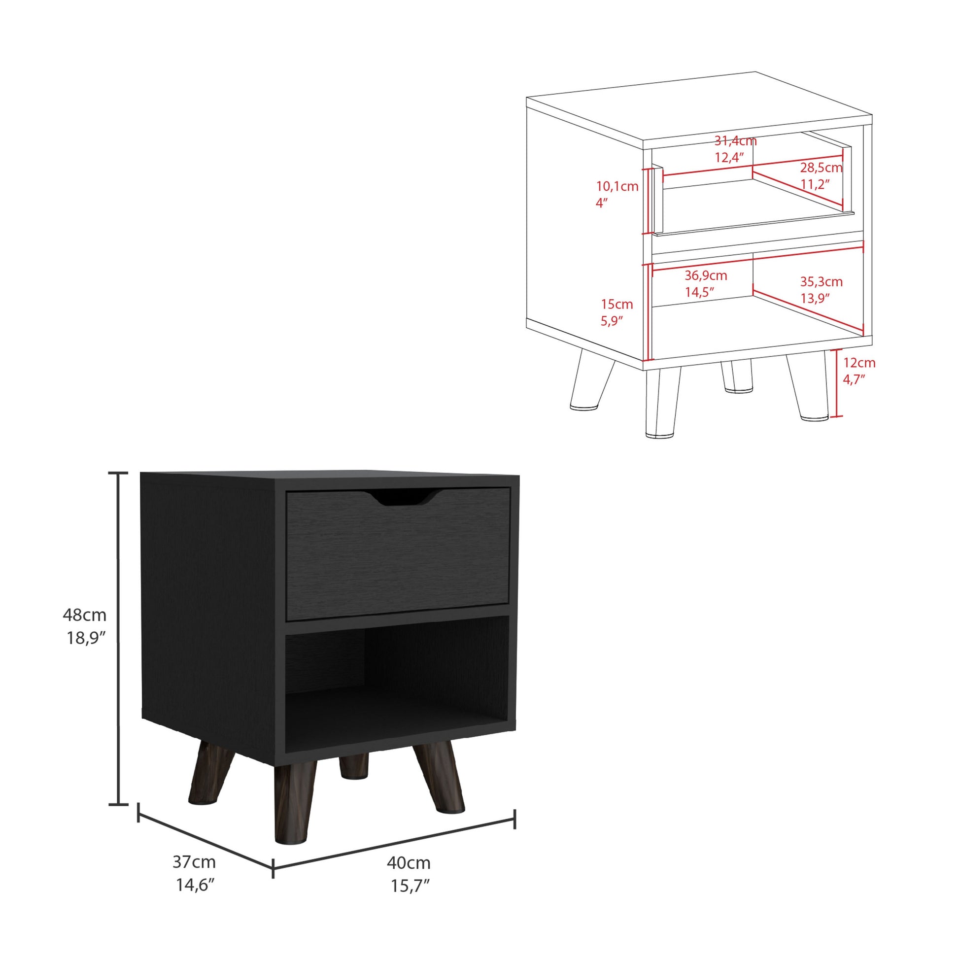 Crail Nightstand With 1 Open Storage Shelf, 1 Drawer And Wooden Legs Black 1 Drawer Bedroom Open Storage Modern Drawers Particle Board Engineered Wood