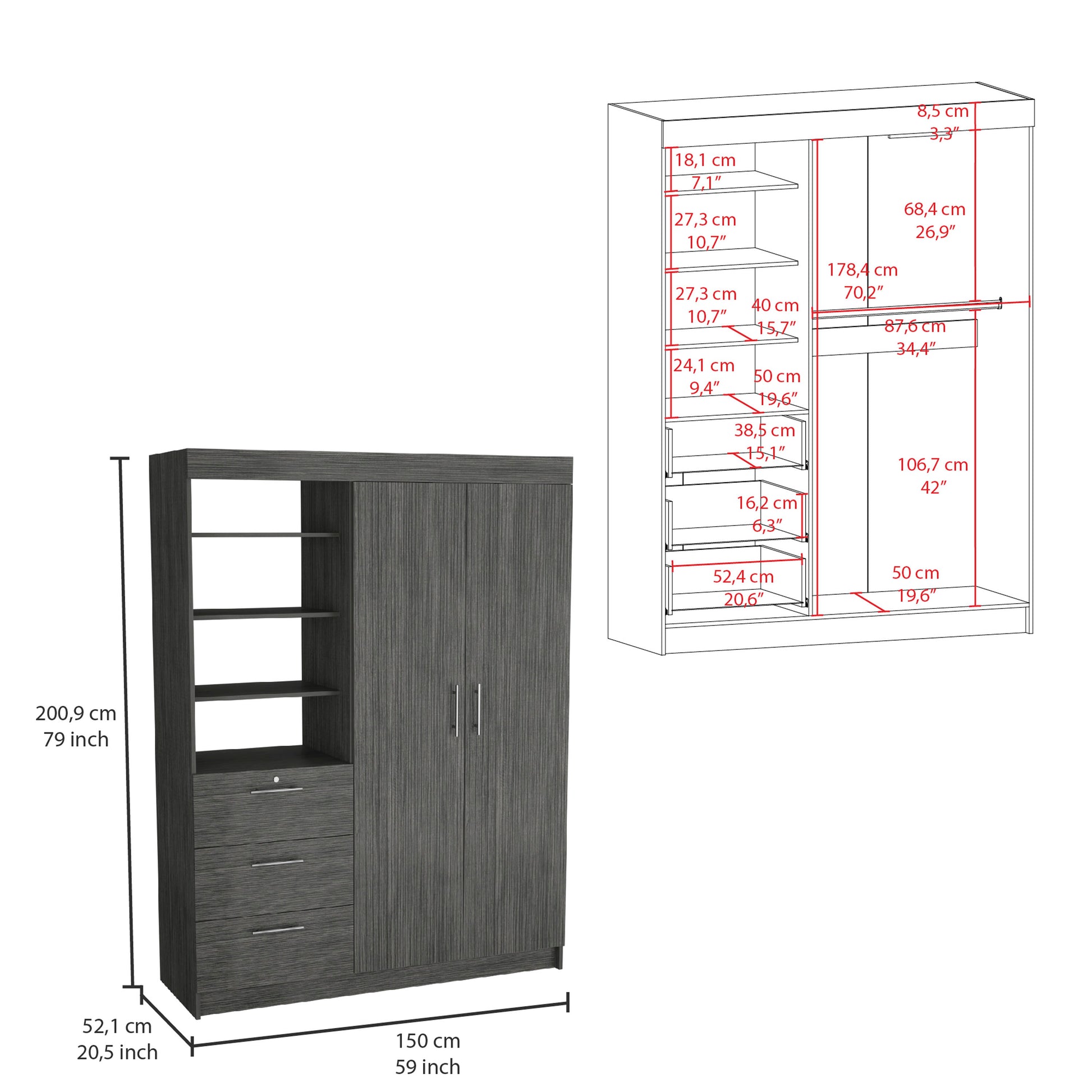 Kenya Armoire With Double Door, Three Drawers, 3 Tier Shelf And Double Hanging Rod Smokey Oak Smoke Grey Bedroom Modern Particle Board